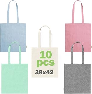 FOR ADVENTUR · Pack 10 bolsas de algodón 100% reciclado · tamaño 38×42 cm · asas largas reutilizables para la compra diaria, mercado o eventos