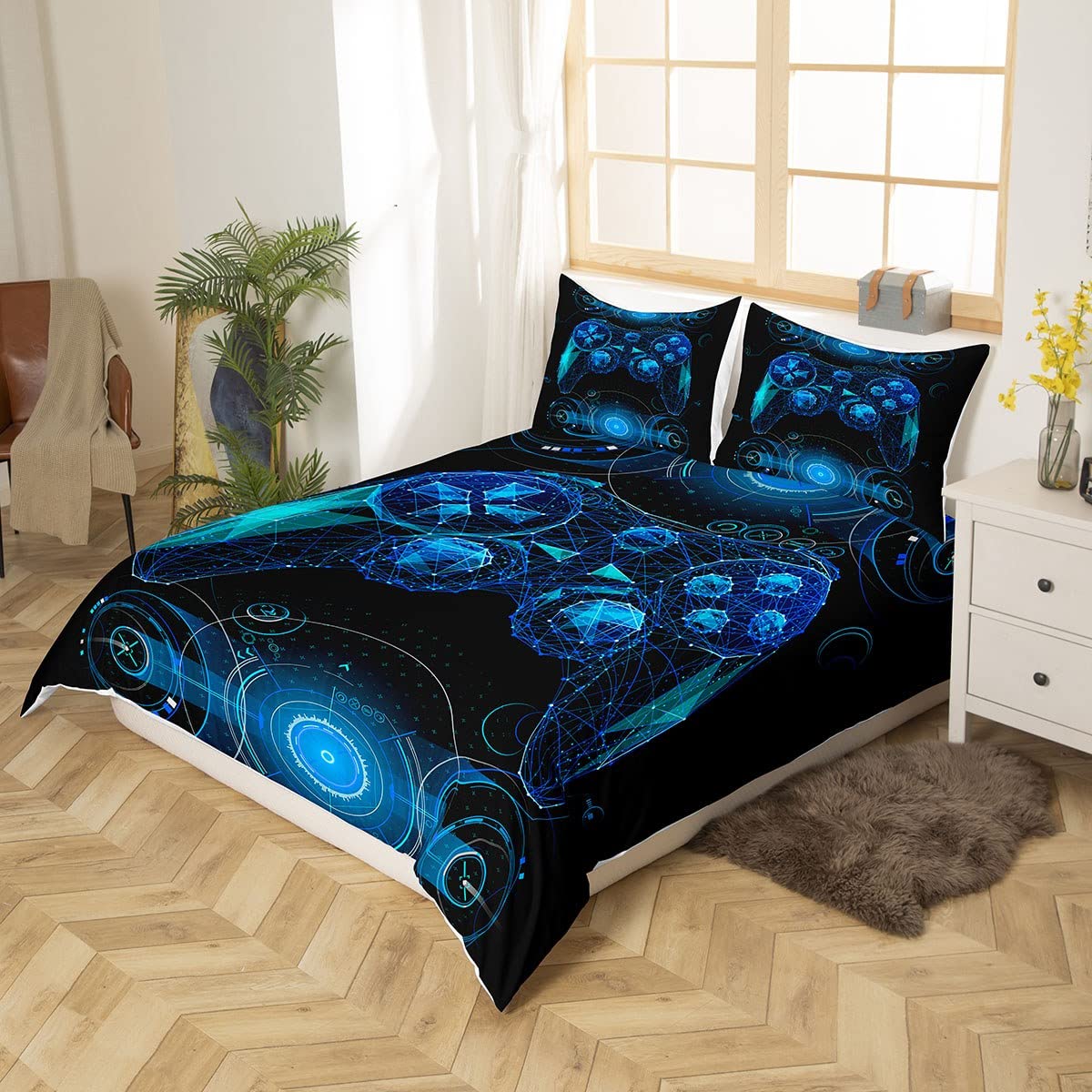 Homewish Gamer Comforter Cover Gaming Bedding Set,Video Games Duvet Cover Sets For Children Boys Girls,Gamepad Design Quilt Cover Youth Man Bedroom Decor,King Size,Black Blue - Image 2