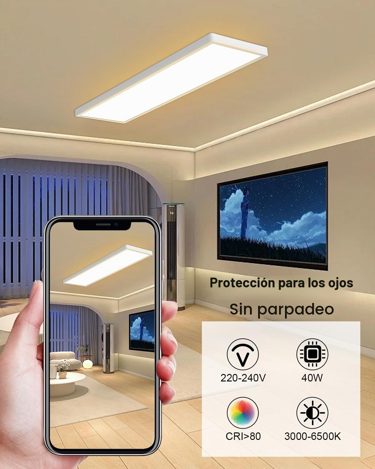 Bowfar Plafón LED rectangular con mando a distancia, atenuador 3000K-6500K, luminaria de techo LED ultrafino, 4000LM 40W con retroiluminación para salón, dormitorio, oficina, 80 x 25 x 3,3 cm, color