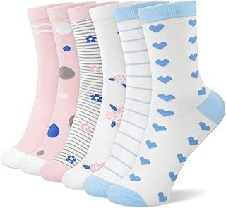 6 Pairs Crew Socks for Women, Soft Cute Funny Cotton Socks | Gentle Blend Fabric, Elastic Cuff, Tough Stuff, Tight Weave, Modern Novelty, Playful Striped, Dot Motifs, Casual Daliy Wear