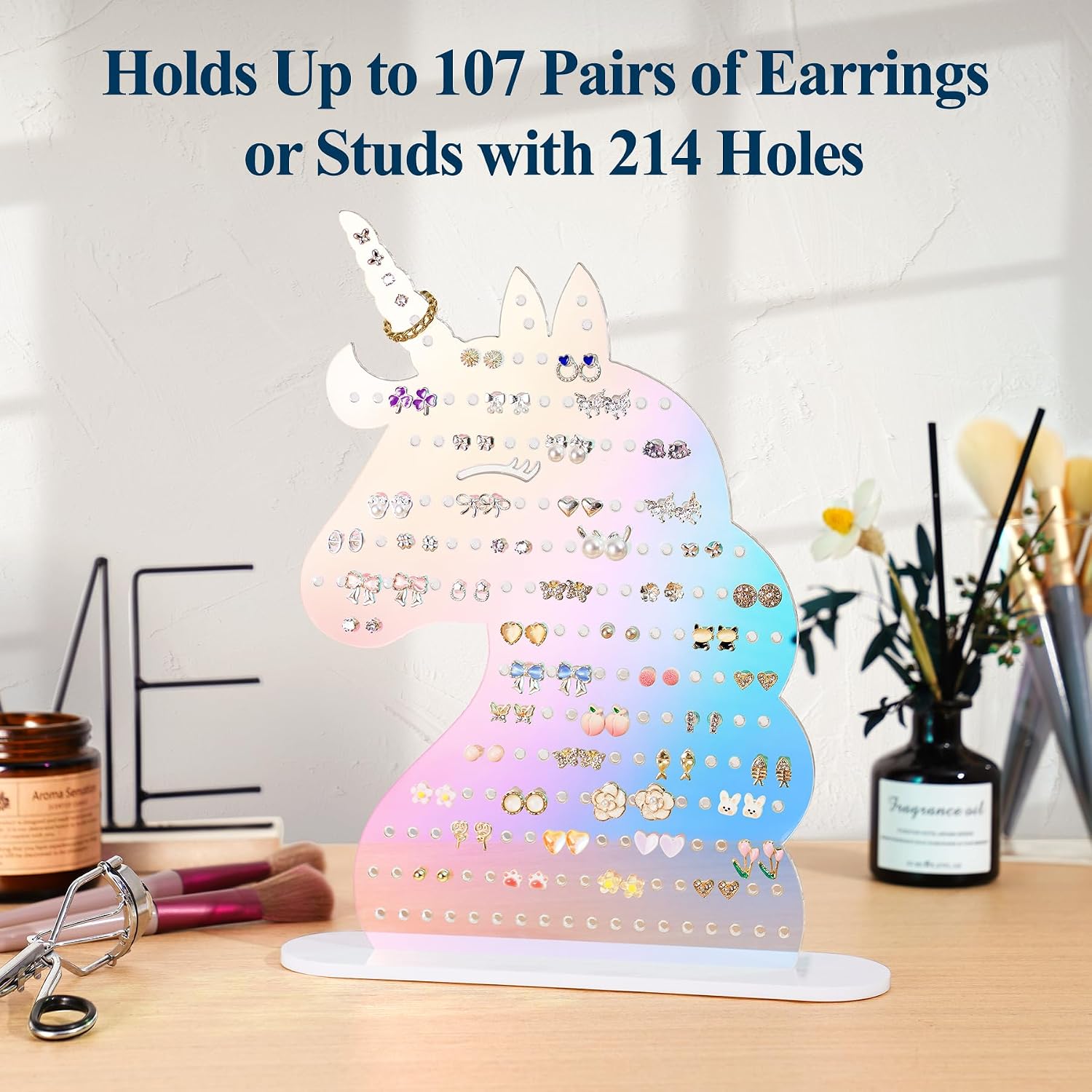 NiHome Acrylic Unicorn Earring Holder with 214 Holes for 80–107 Pairs, Colorful Smiling Unicorn Jewelry Display Stand for Teens & Women,Stud & Dangle Earring Organizer with Anti-Slip Pads(Iridescent)