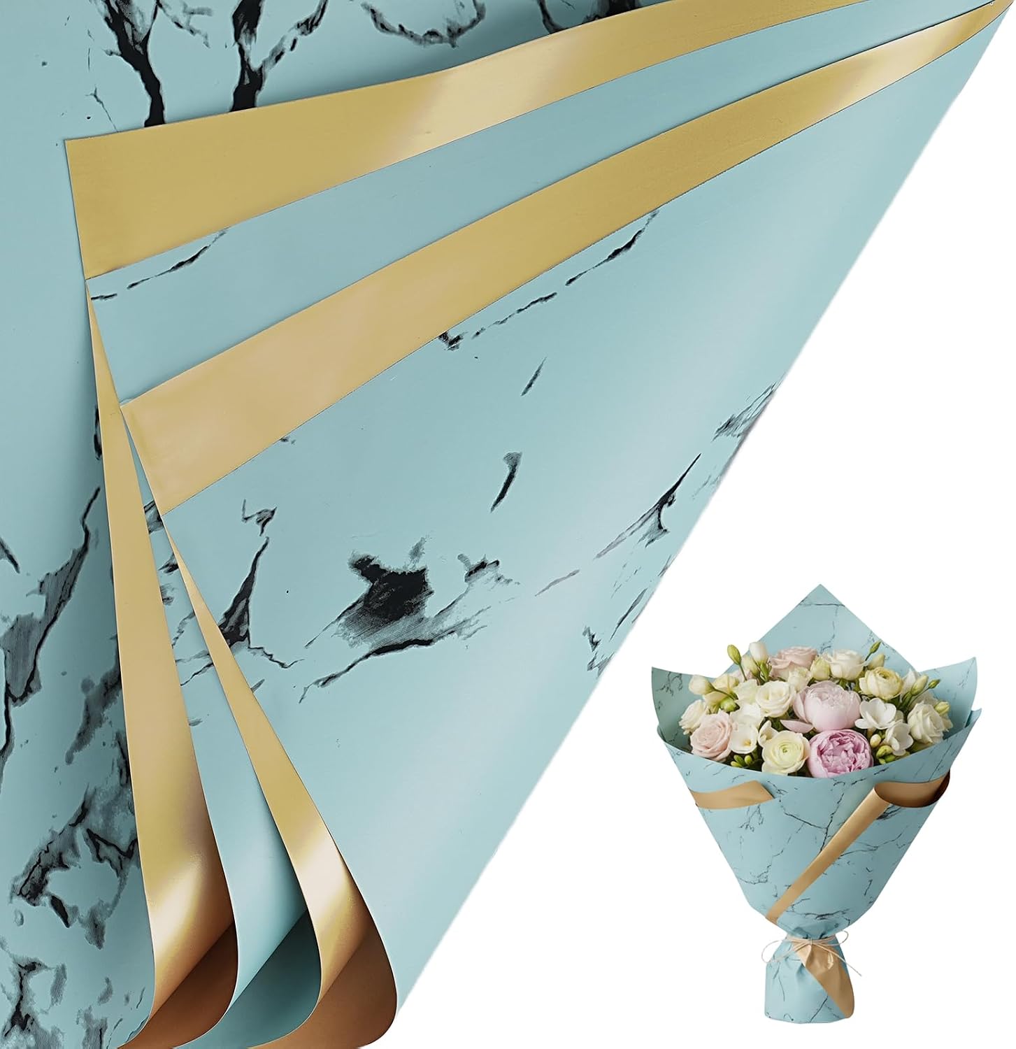 LeZakaa 20 Sheets Green Marble Wrapping Paper – Waterproof Reversible Floral Bouquet Paper for Mother’s Day, Weddings, Graduations, Parties, Valentine’s Day, 22 x 22 in Sheets