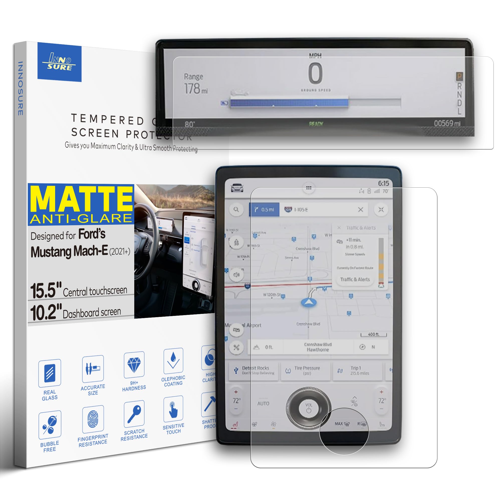 INNOSURE [Anti Glare] 2PCS Tempered Glass Screen Protector for 2021/2022/2023/2024/2025/2026 Ford Mustang Mach-E 15.5" Center Touchscreen + 10.2"