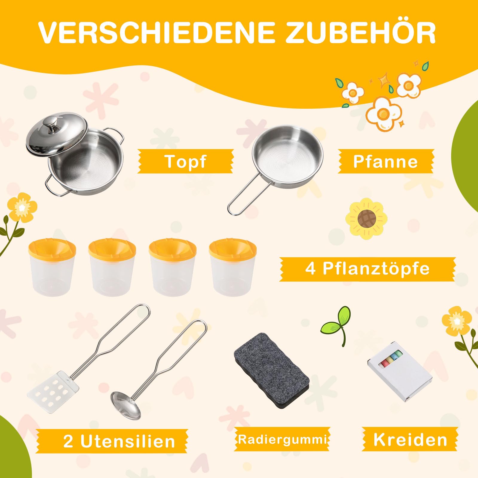 GOPLUS Matschküche Kinder, Spielküche Outdoor mit Pflanzentöpfen, Herdplatten, Abnehmbares Spülbecken, Kreidetafeln & Zubehör, Kinderküche Spielset für Garten und Hof, für Kinder ab 3 Jahren