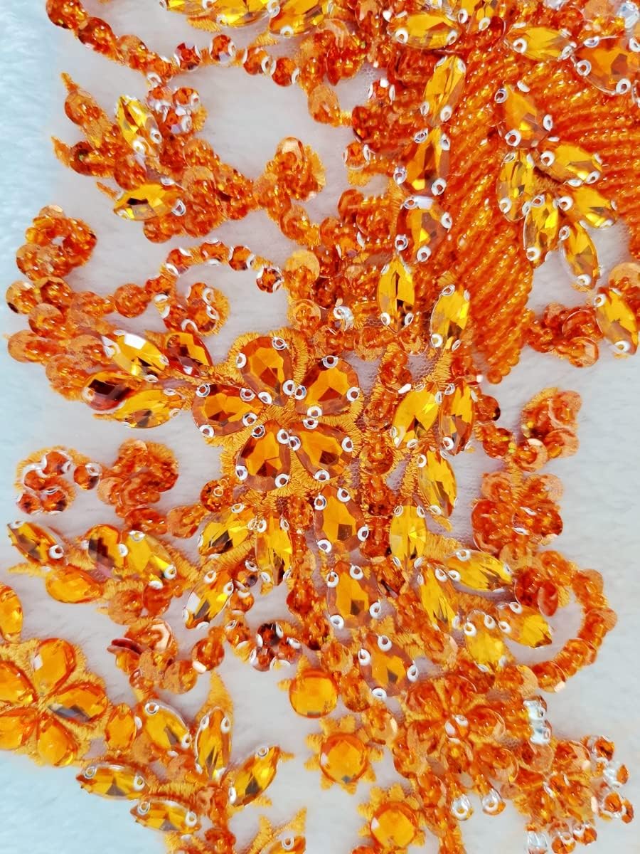 Handmade Rhinestones lace Applique handsewing Beads Sequins Trimming Patches for Dress Clothing Accessories More Colour (Orange)