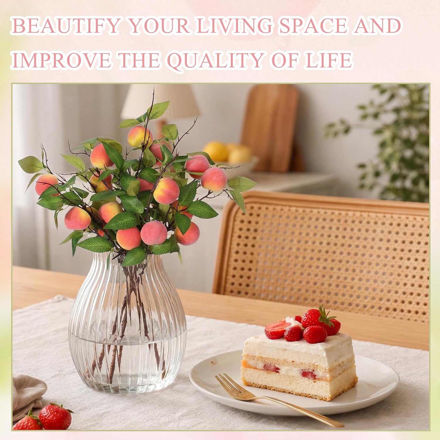 Daifunli 10 Pcs Artificial Peach Branches Realistic Artificial Peach Fruits with Green Leaves Simulation Branches Decoration for Vase Home Party Decoration (2 Peaches,14.96 Inch)