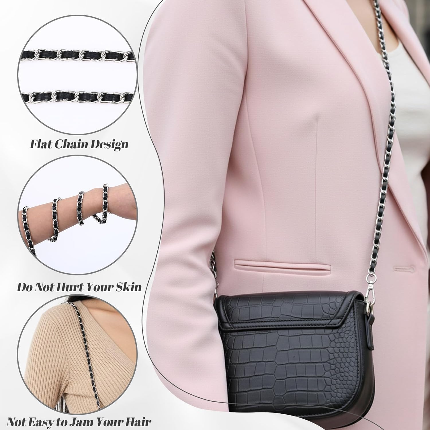 Silver Chain Purse Strap Crossbody, 47 Inch Crossbody Bag Shoulder Handbag Strap with Metal Buckles, Leather Metal Chain for Handbag, Shoulder Bags and DIY Purse Chain - Image 3