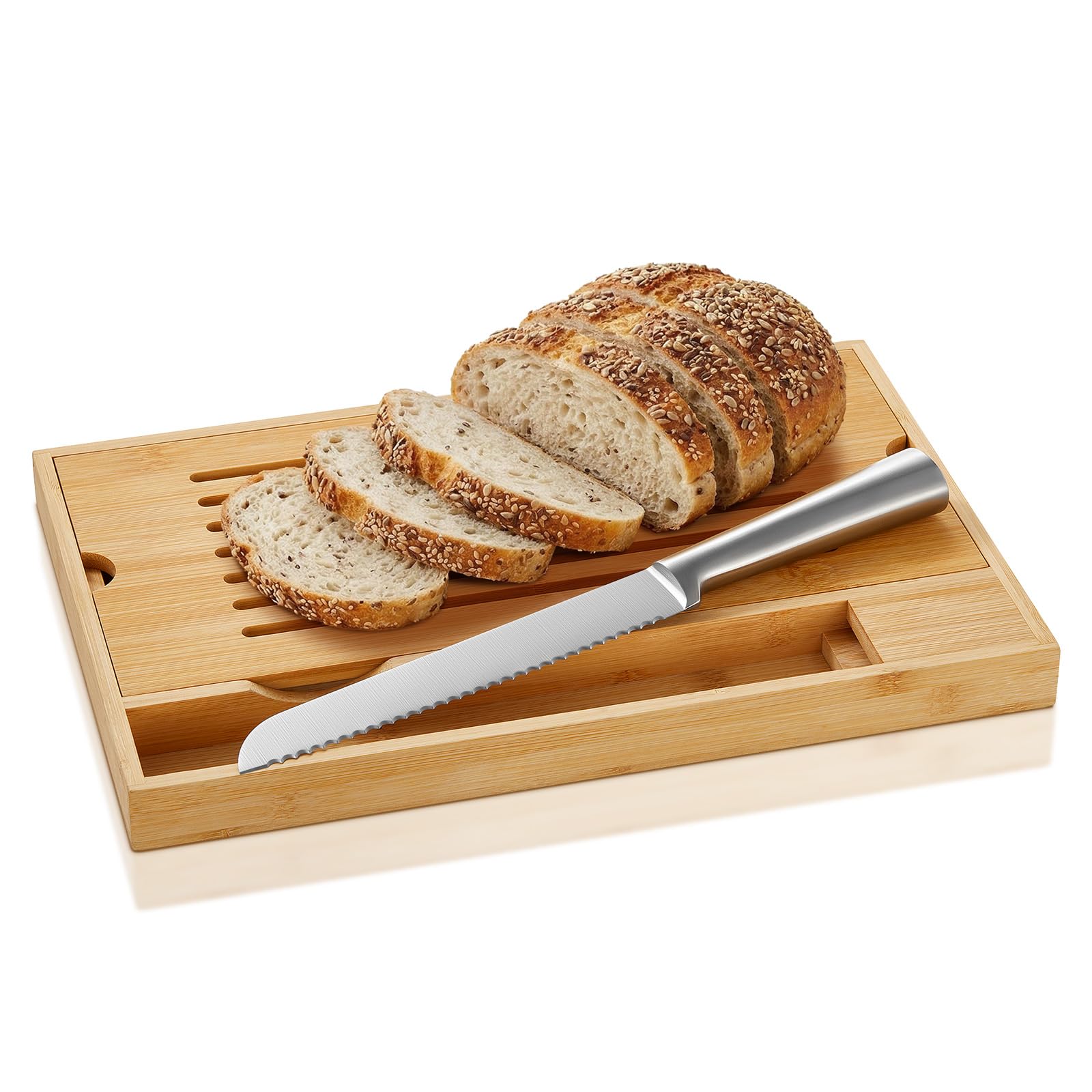 FOHERE Tabla Cortar Pan Bambú Bandeja Recogemigas, Cuchillo Pan Incluido | Bambú Ecológico, Bandeja Recogemigas Extraíble, 2-En-1 Corte/Servicio, Adecuado Para Baguette/Croissant, 38 X 24,8 X 3 cm