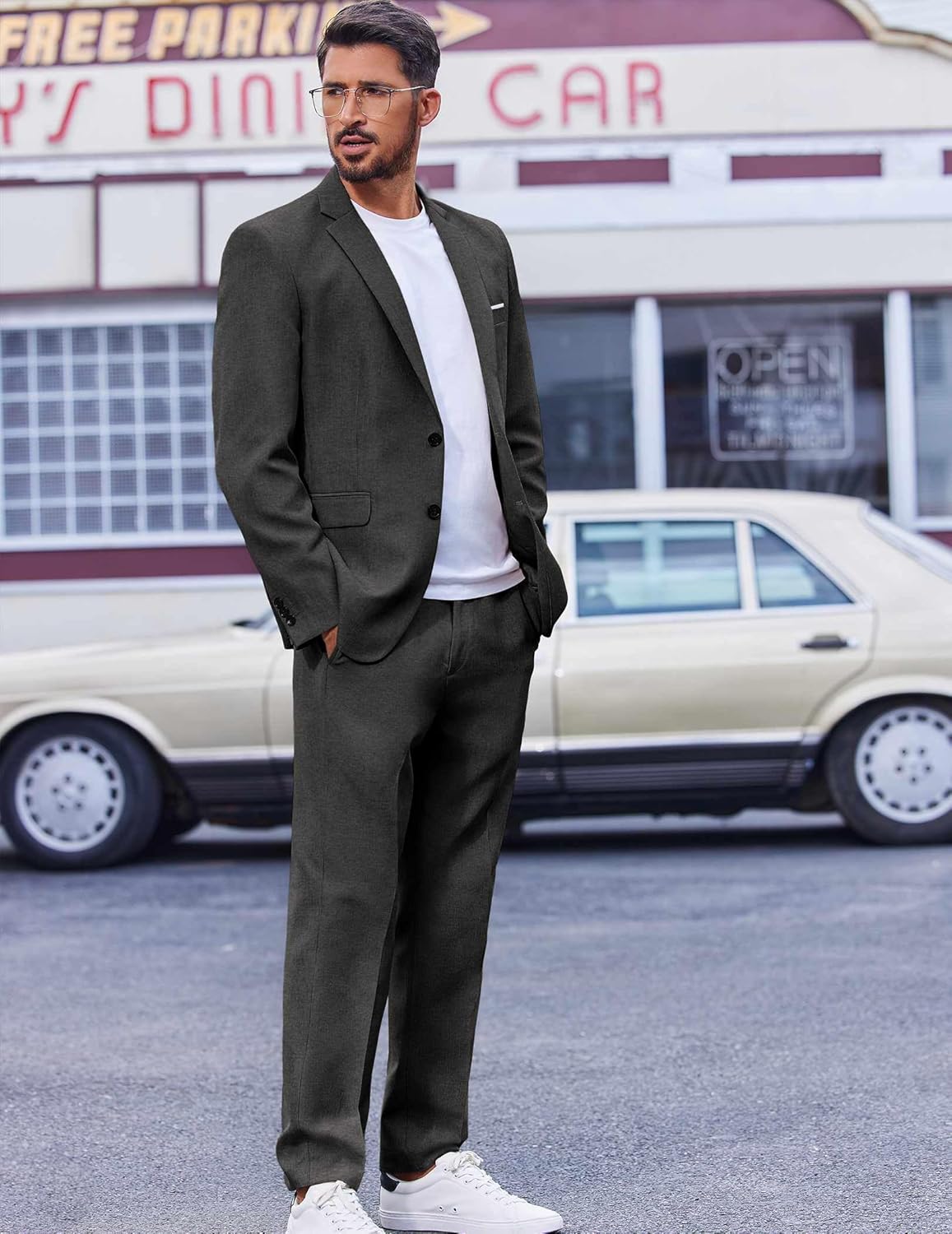 COOFANDY 2 Piece Set for Men Slim Fit Two Button Blazer Jacket Pants Set for Party Dark Gray - Image 4