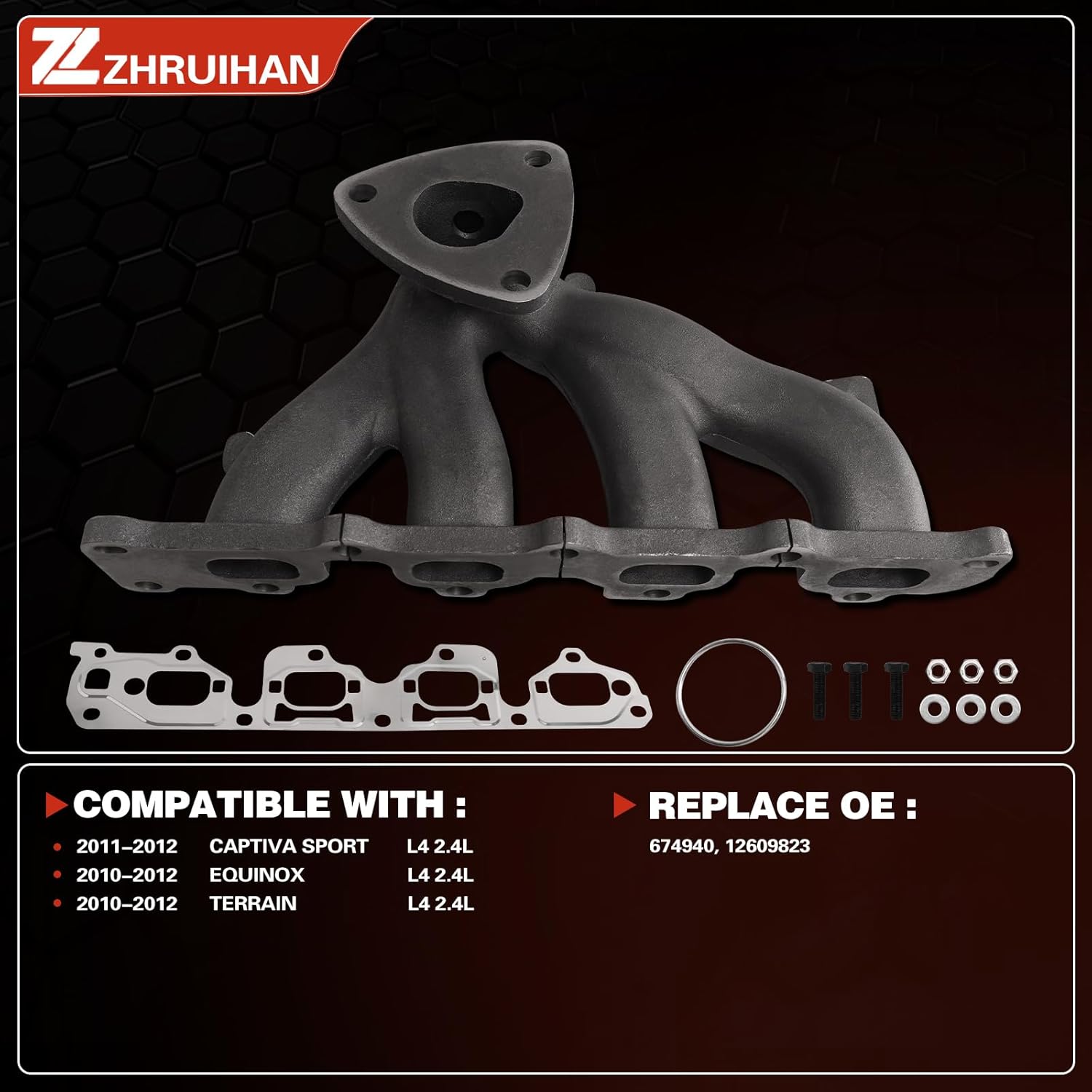 Exhaust Manifold Kit Includes Required Gaskets and Hardware Compatible with Captiva Sport 2011-2012, Equinox 2010-2012 & Terrain 2010-2012 [2.4L] Reference OE number:674940 12609823