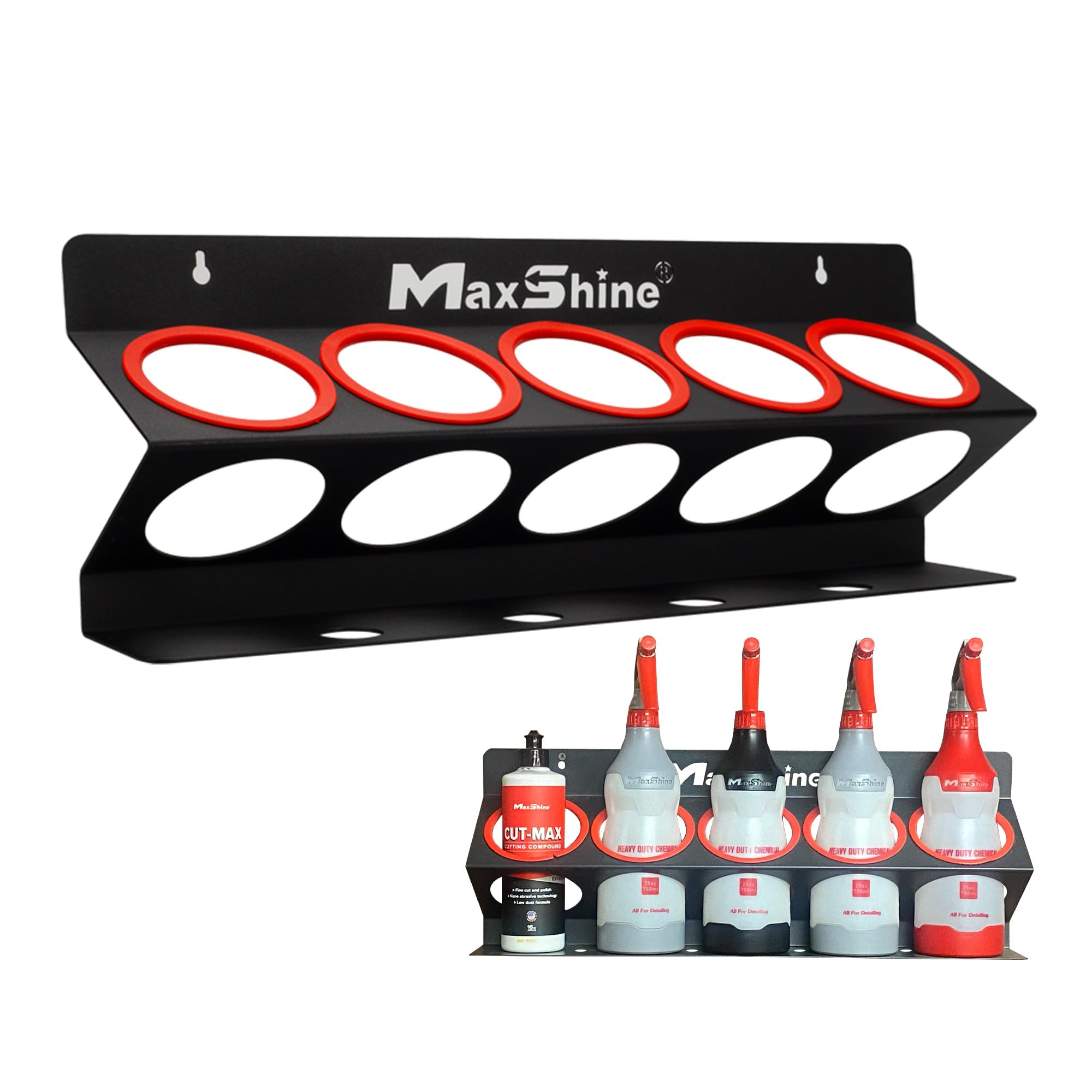 maxshine universal detailing spray bottle holder - mobile detailing & car garage organizer, holds 5 sprayers (16/32oz) with 4 small holes, lightweight design, easy wall mounting (set 1)