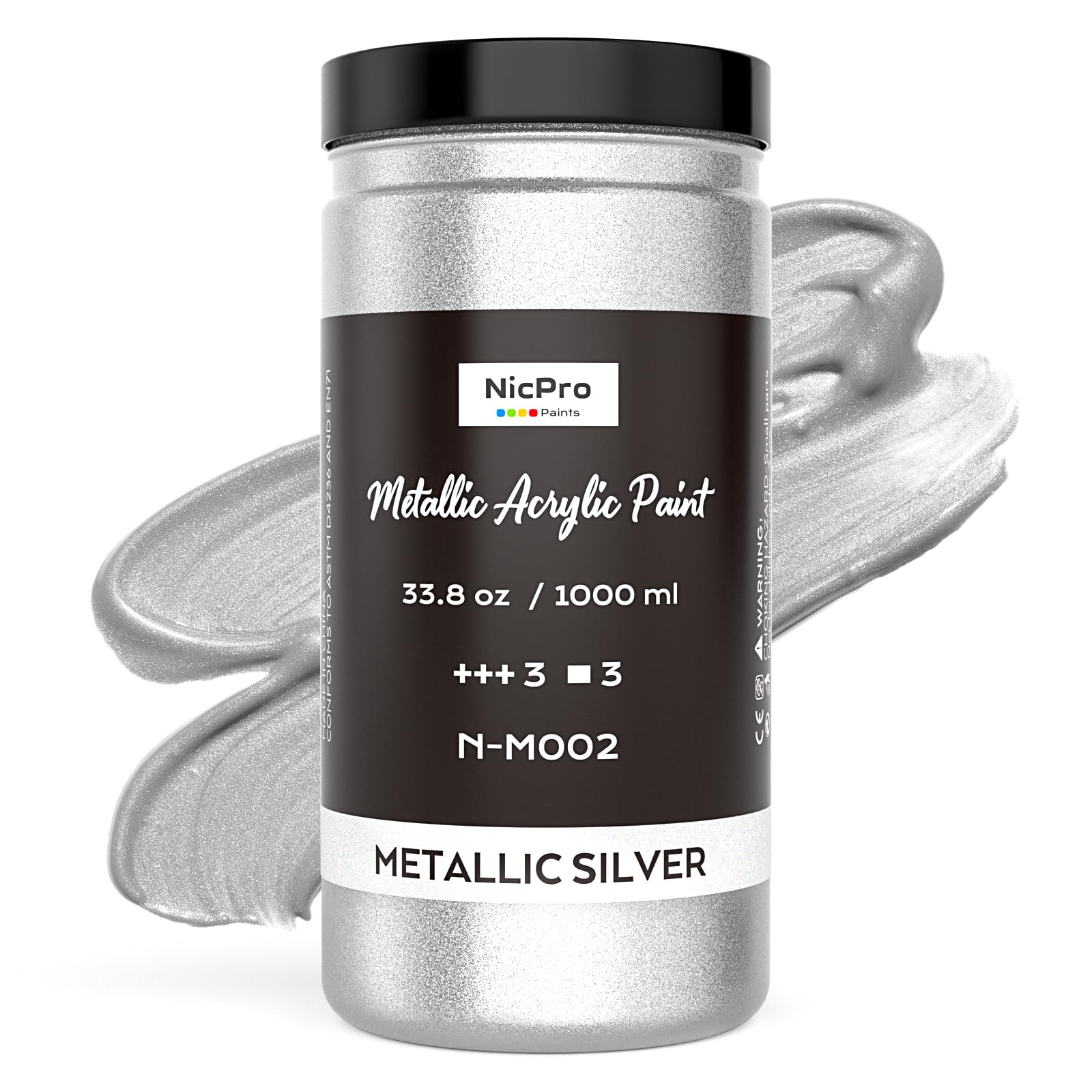 Nicpro Metallic Silver Acrylic Paint, 33.8oz/1000ml Large Silver Leaf Paint