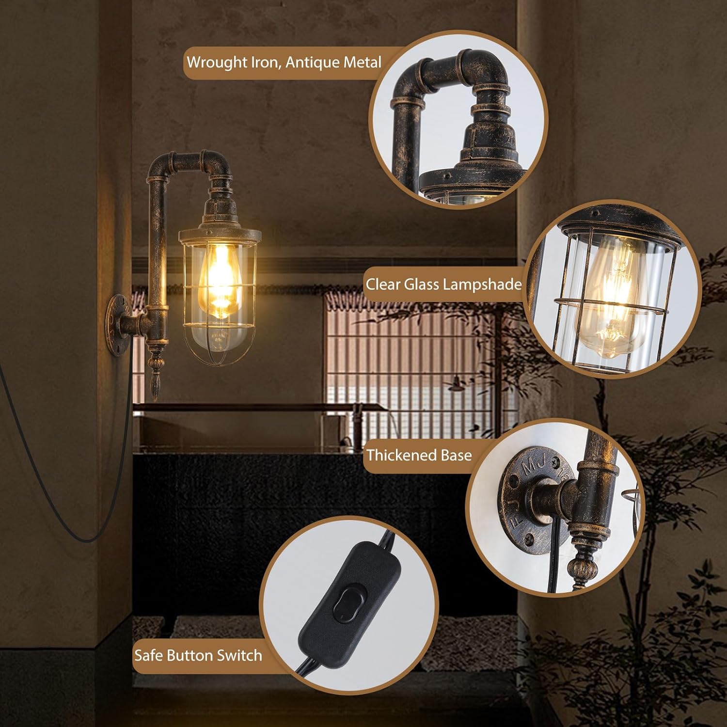 Industrial Plug in Wall Sconce E26 Edison Antique Wall Lights with 5.9Ft Plug in Cord On Off Switch Rustic Wall Sconces Lighting Fixture for Headboard Bedroom Porch Hallway 2 Pack