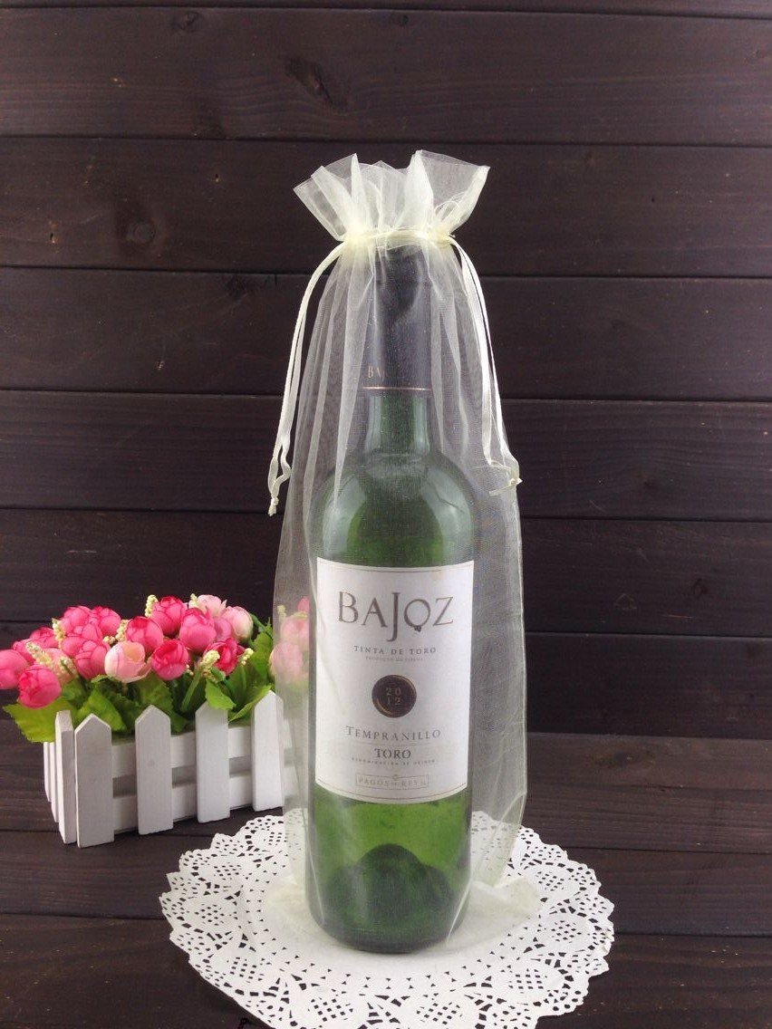 CMAJOR 50pcs Organza Wine Bottle Cover Wrap Gift Bags Christmas/Wedding Plain Organza Pouch (Beige)