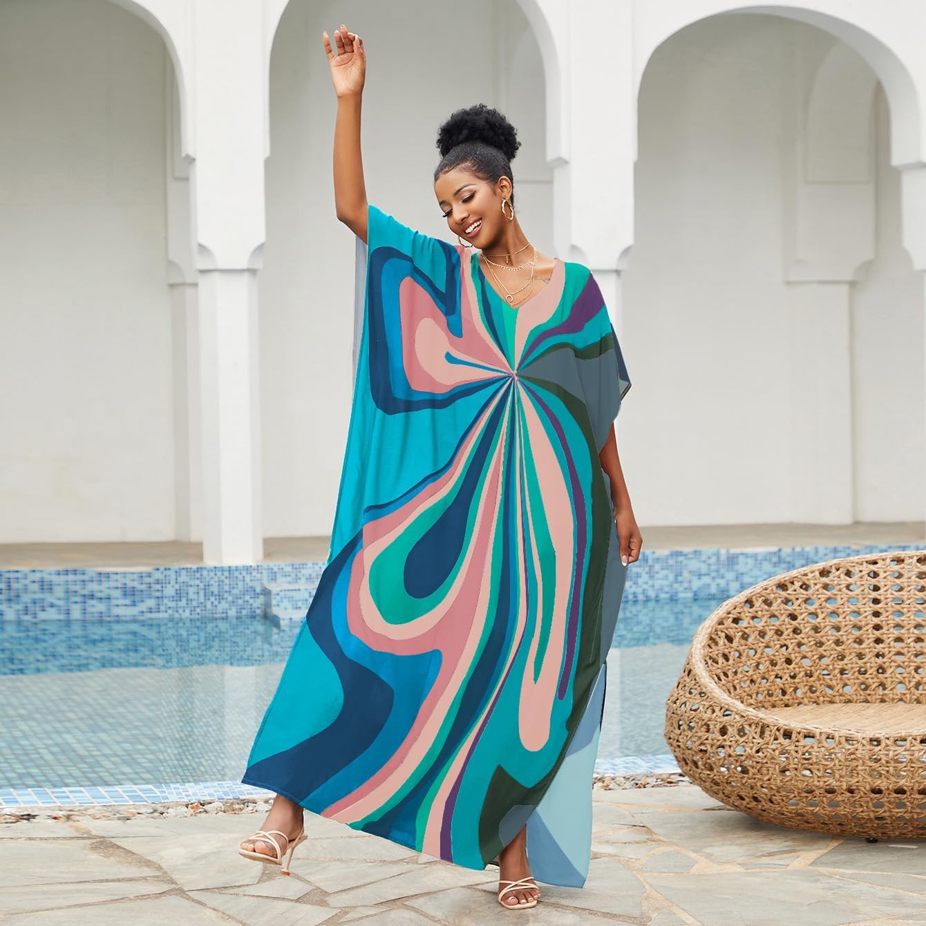Moroccan Print V-Neck Batwing Kaftan Women's Plus Size Loose Fit Beach Dress Bathing Suit Cover Up Loungewear - Image 2