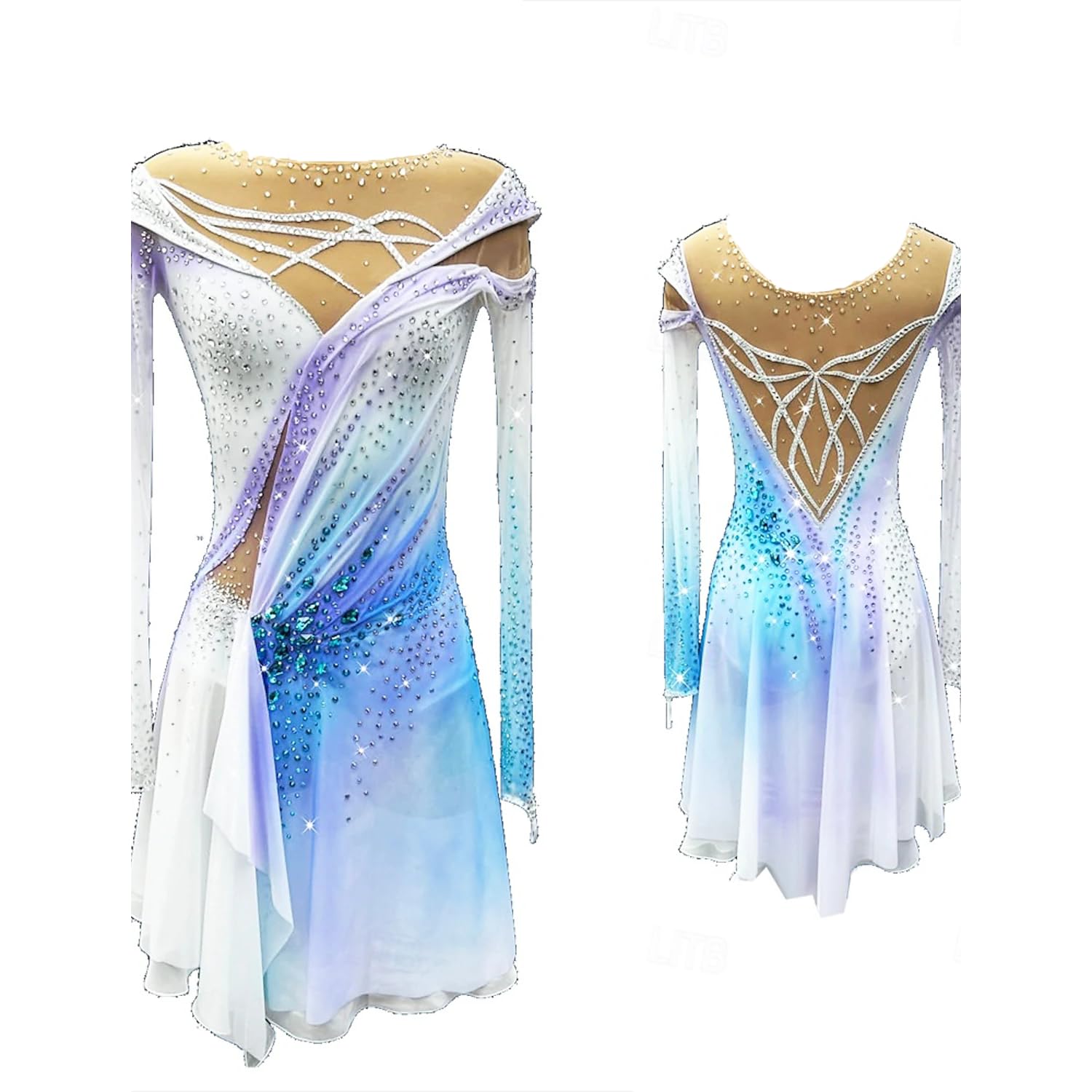 purpleq Eiskunstlauf Wettkampf Kleid für Mädchen Handgefertigt Weiß Blau Färbung Langarm Gymnastik Bekleidung Professionelle Eiskunstlaufbekleidung für Damen