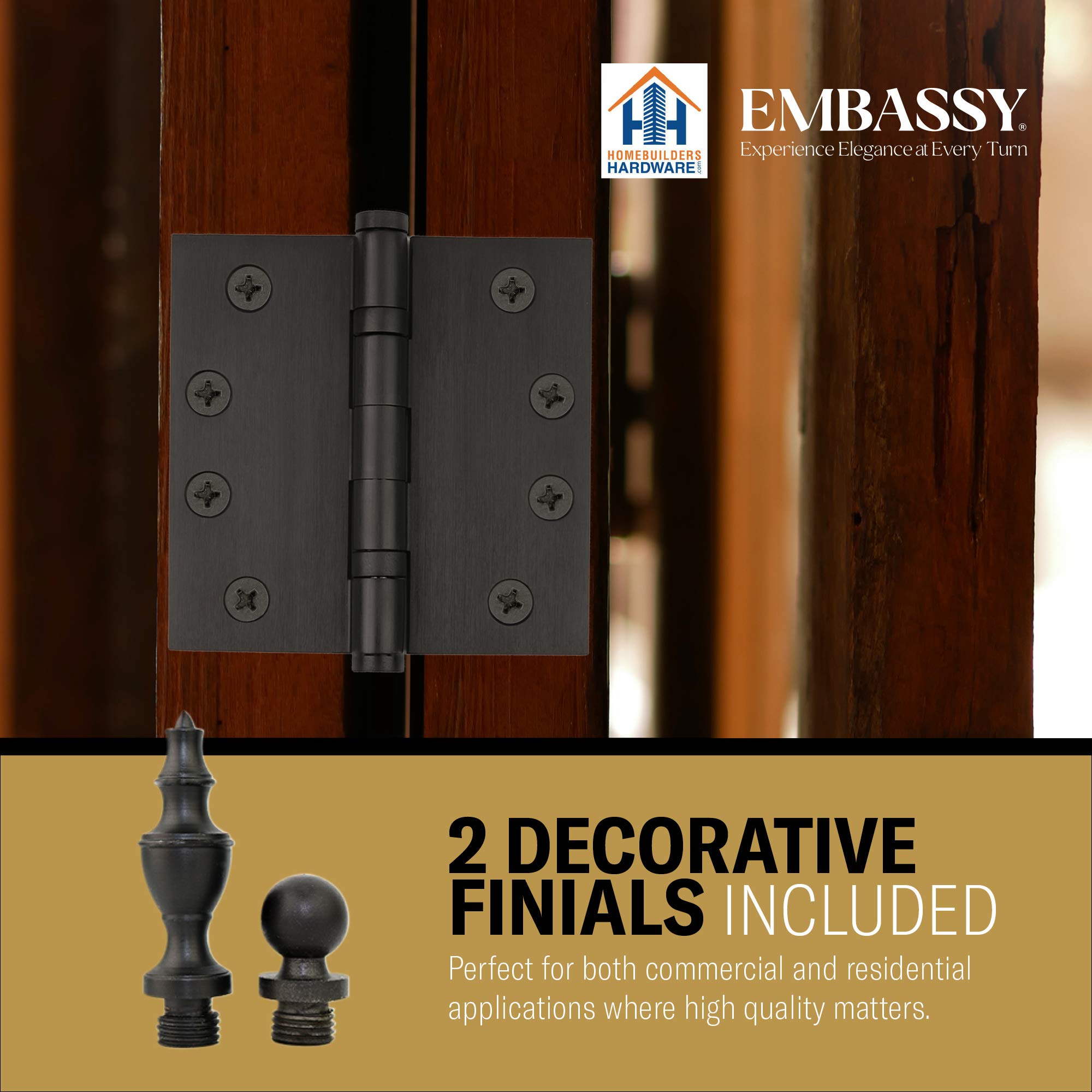 Puerta bisagras 4 "x 4" extruido Solid Brass Cojinete de bolas latón Bisagra resistente aceitado bronce Us10B extraíble de acero inoxidable botón/urna/bola de Pin, grado arquitectónico, puntas incluidas – juego de 2 bisagras