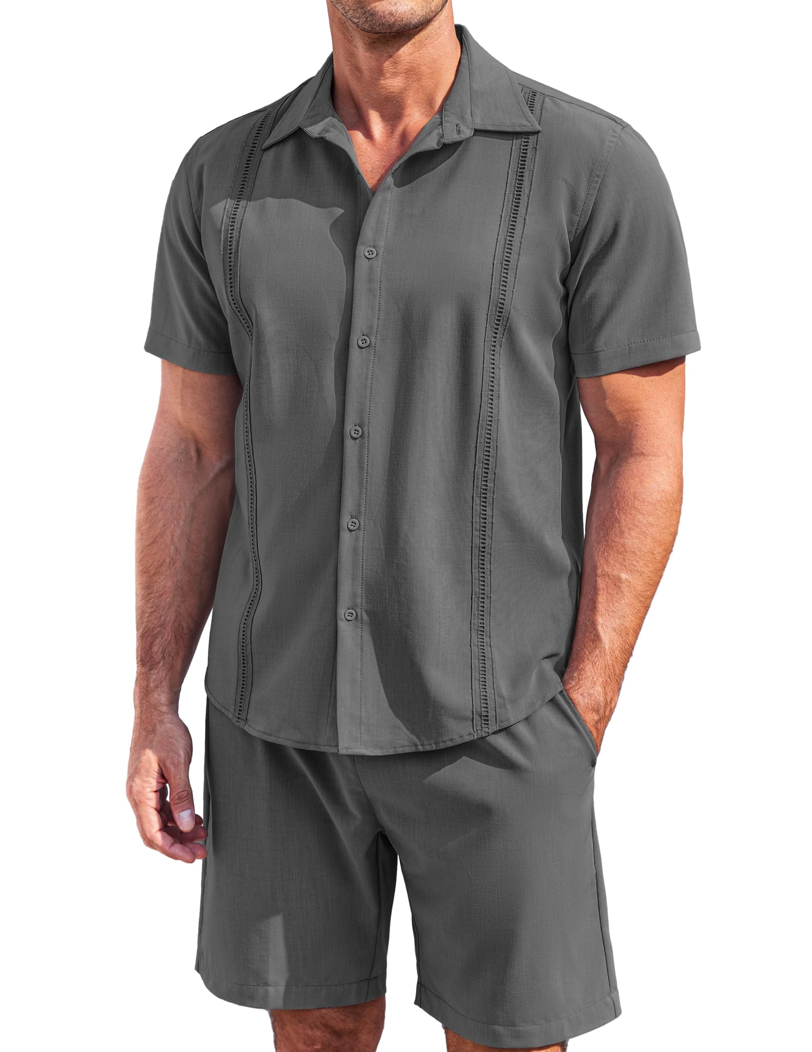 COOFANDY Men's 2 Piece Short Set Cuban Guayabera Shirts Short Sleeve Casual Beach Outfits Set