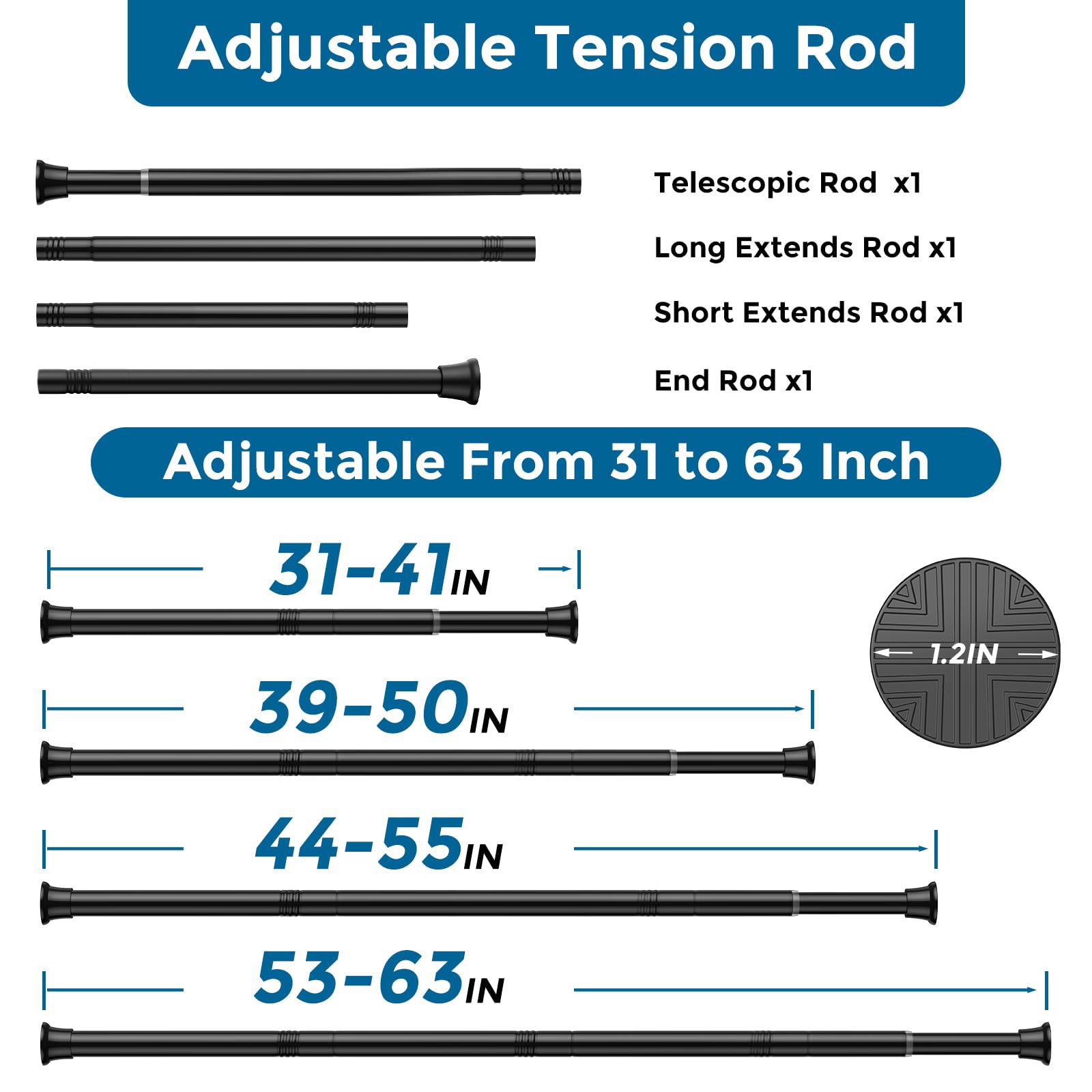 AIZESI Lot de 2 Tringles à Rideau Extensibles 78,7 à 157,5 cm Tringle à Rideau à Ressort Réglable sans Perçage pour Fenêtre, Porte, Placard, Cuisine, Rideau, Diamètre de 2,2 cm, Noir