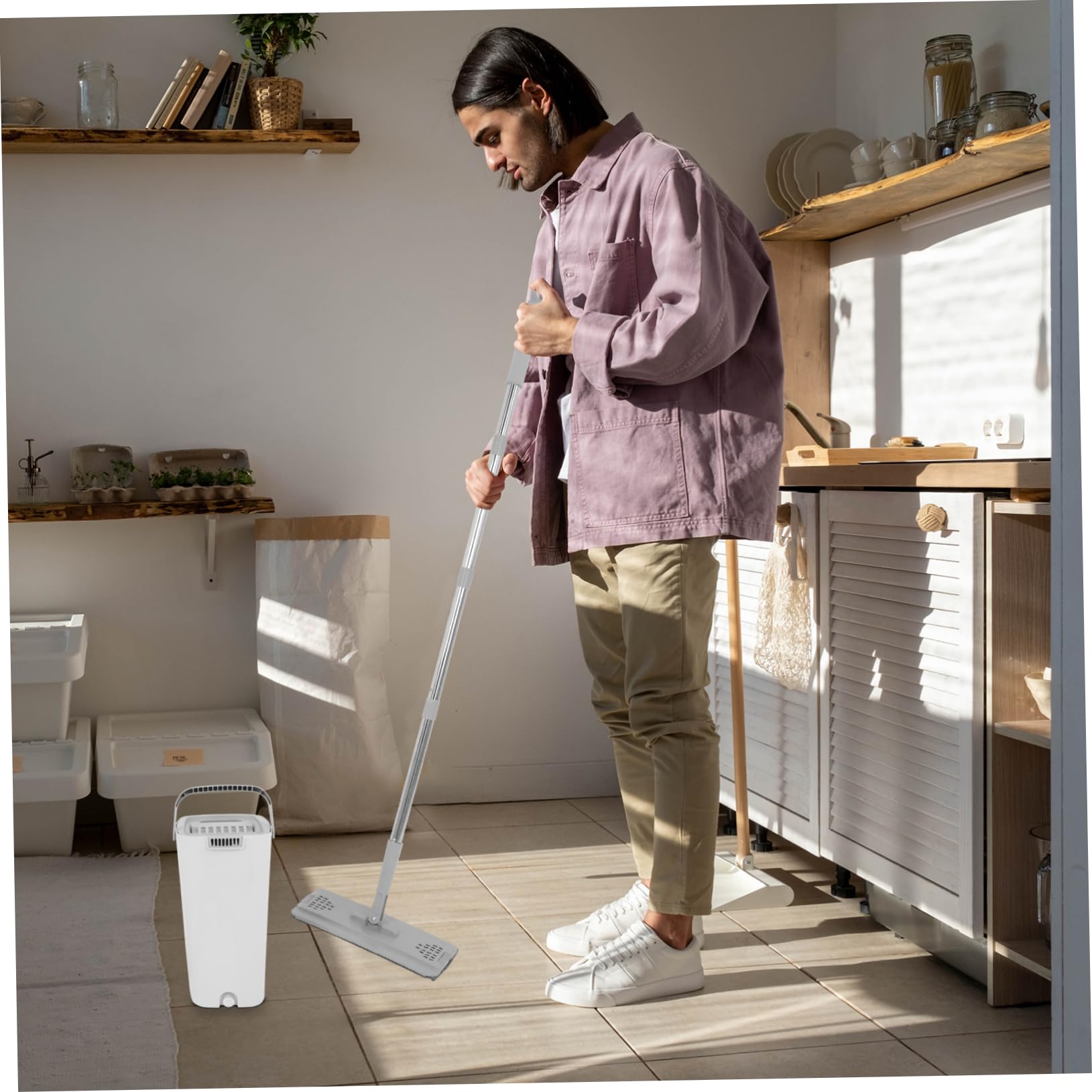 SHERCHPRY Trapeador Plano con Balde Mopa para Suelos De Baldosas Limpiador De Suelos Uso Doméstico Cocinas y Baños Material Blanco Función Seca y Húmeda