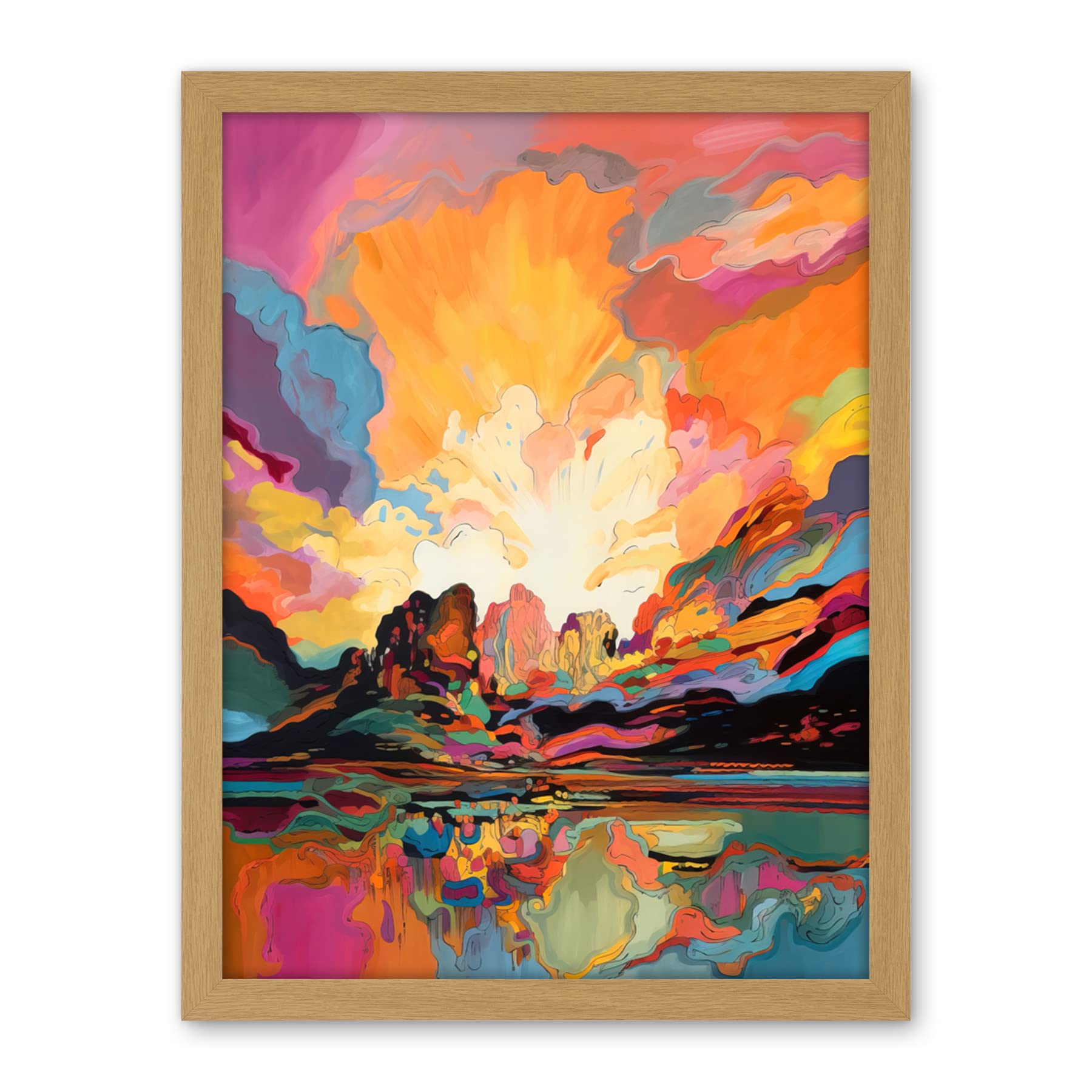Artery8 Atmospheric Sunset Clouds Vibrant Colour Lakescape Modern Watercolour Painting Artwork Framed Wall Art Print 18X24 Inch