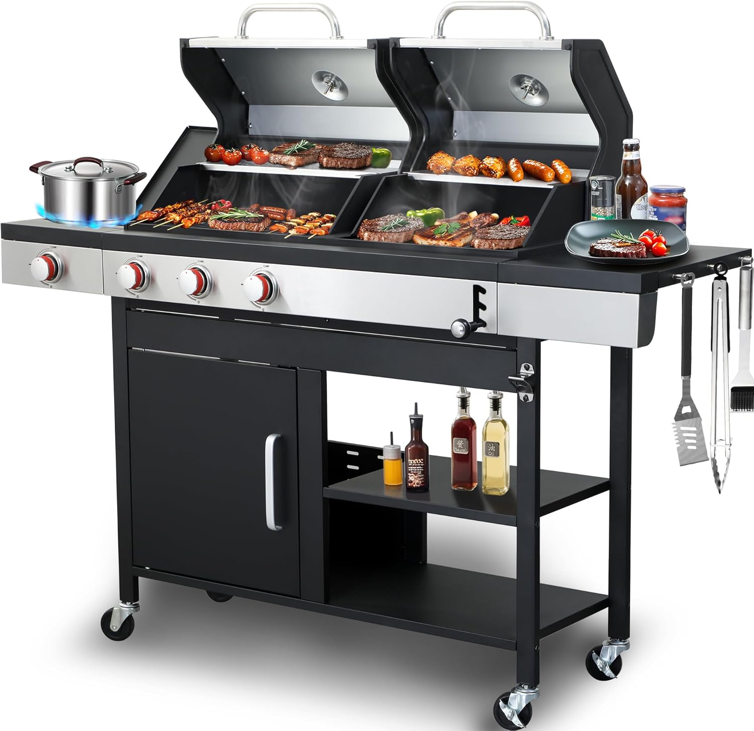 Propane & Charcoal Grill Combo with Cast Iron Grate & Plate, Dual Fuel BBQ Grill for Outdoor Events & Backyard Barbecue with Easy-Clean System, Stainless Steel Lids, Side Burner