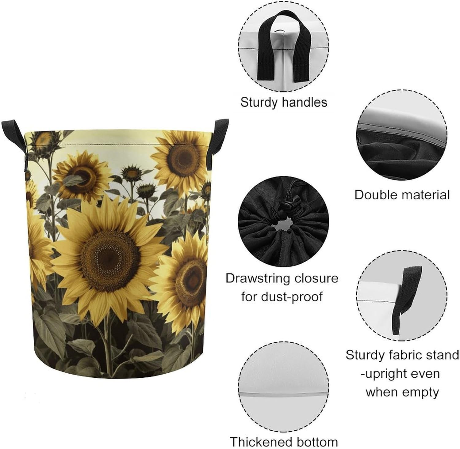Yellow Sunflower Floral Laundry Basket Collapsible Clothes Hamper with Reinforced Handles Large Capacity Waterproof Laundry Bag Freestanding Laundry Hamper for Bedroom Bathroom