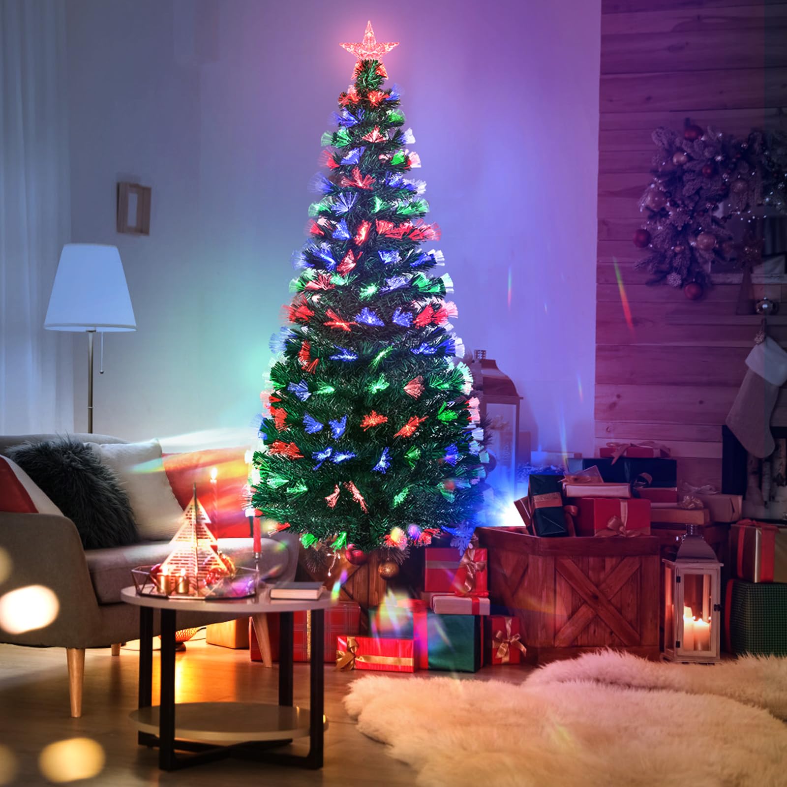Sapin de Noël Artificiel Uten de 1,5 m avec Pointe en PVC de 170 mm, lumière en Fibre de Verre 3 Couleurs, 8 Modes, Support en métal, décoration de Noël pour l'intérieur