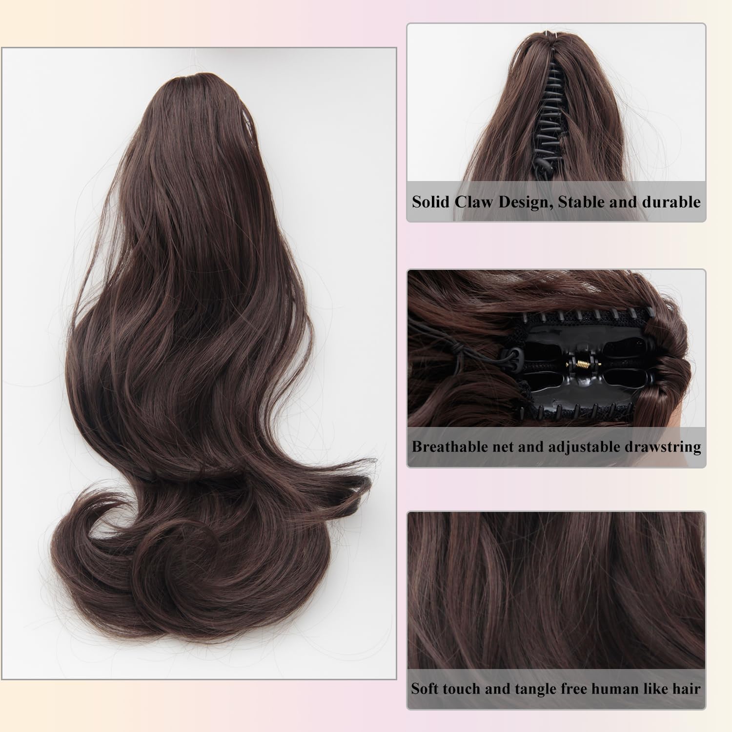 35cm Extensión De Cola De Caballo Con Pinza, Coletas Postizas Pelo Natural, Pelo Postizo Sintético, Trenzas Postizas Mujer Ondulado, Marrón Oscuro