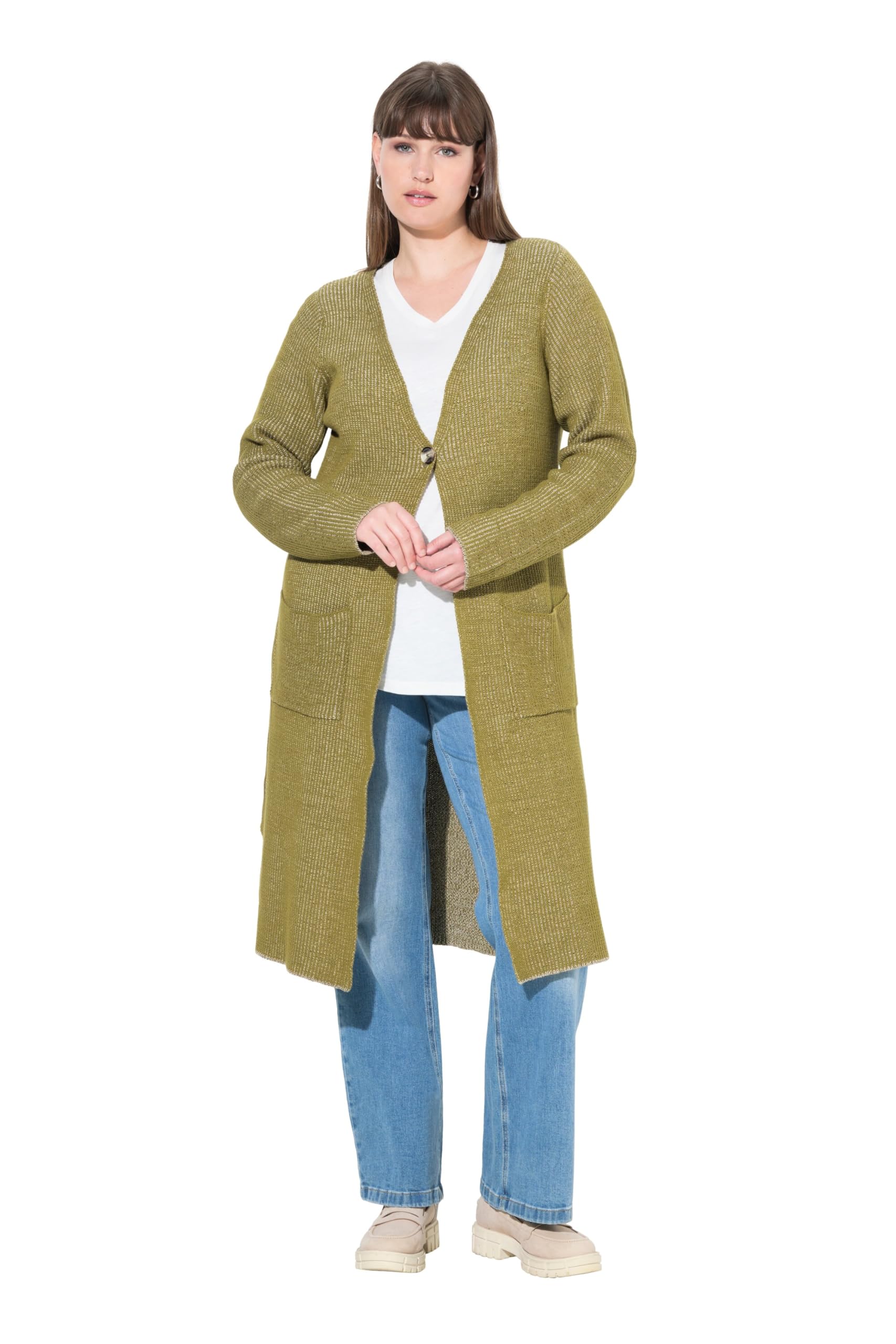 Ulla Popken Damen große Größen Übergrößen Plus Size Lang-Strickjacke, Rippstrick, V-Ausschnitt, Biobaumwolle 840914
