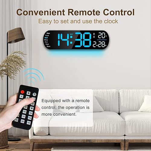 Miniatura 5 de Reloj de pared digital de 13.7 pulgadas, pantalla grande con control remoto, reloj de pared digital grande LED con cambio de color RGB, temperatura