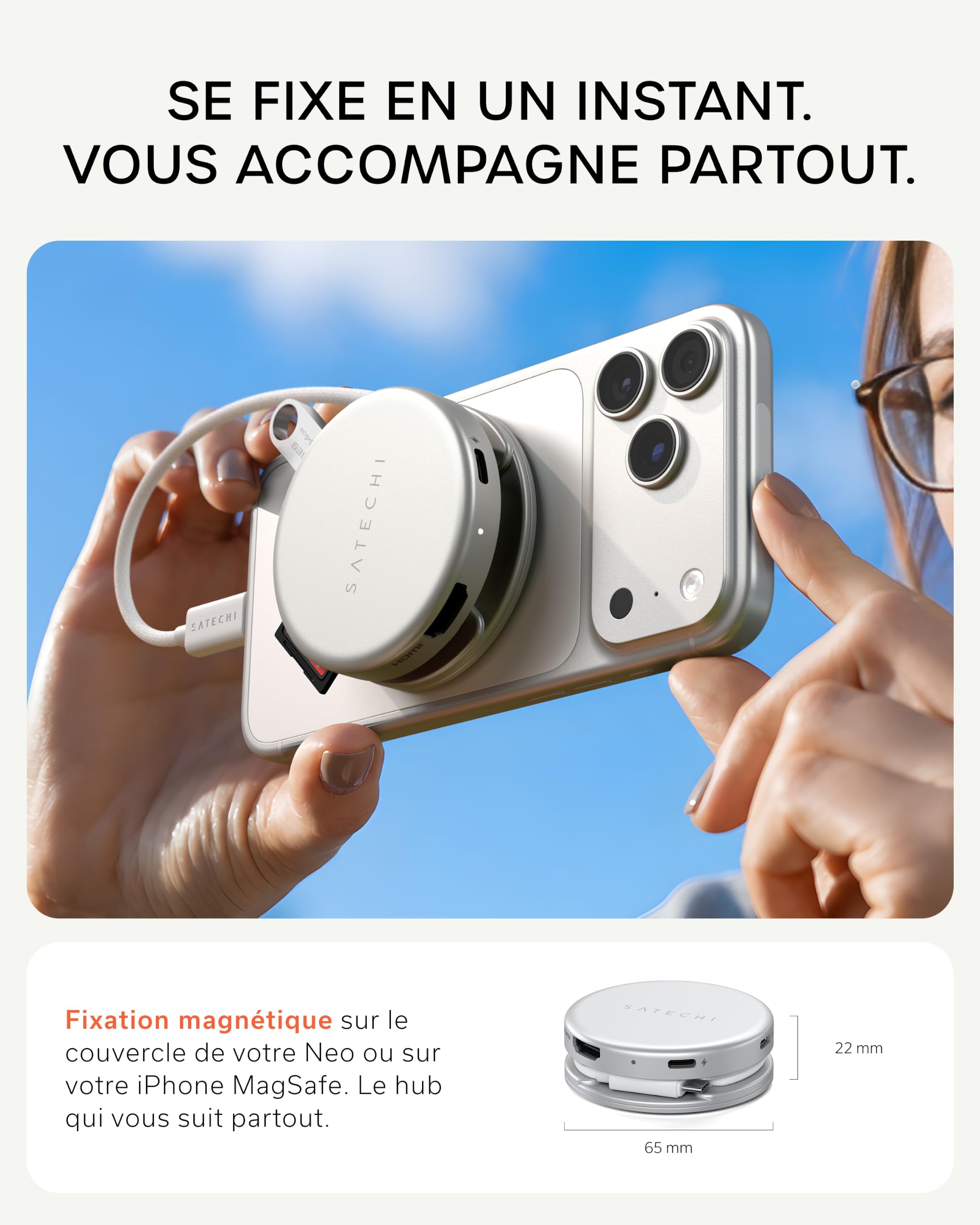 SATECHI OntheGo Hub USB C Magnétique 5 en 1, PD 60W, HDMI 4K, Argent | Câble enroulable intégré, fixation magnétique, 4K@60Hz, lecteur SD, USB-C/USB-A 5Gbps, pour MacBook, iPad, Windows et plus