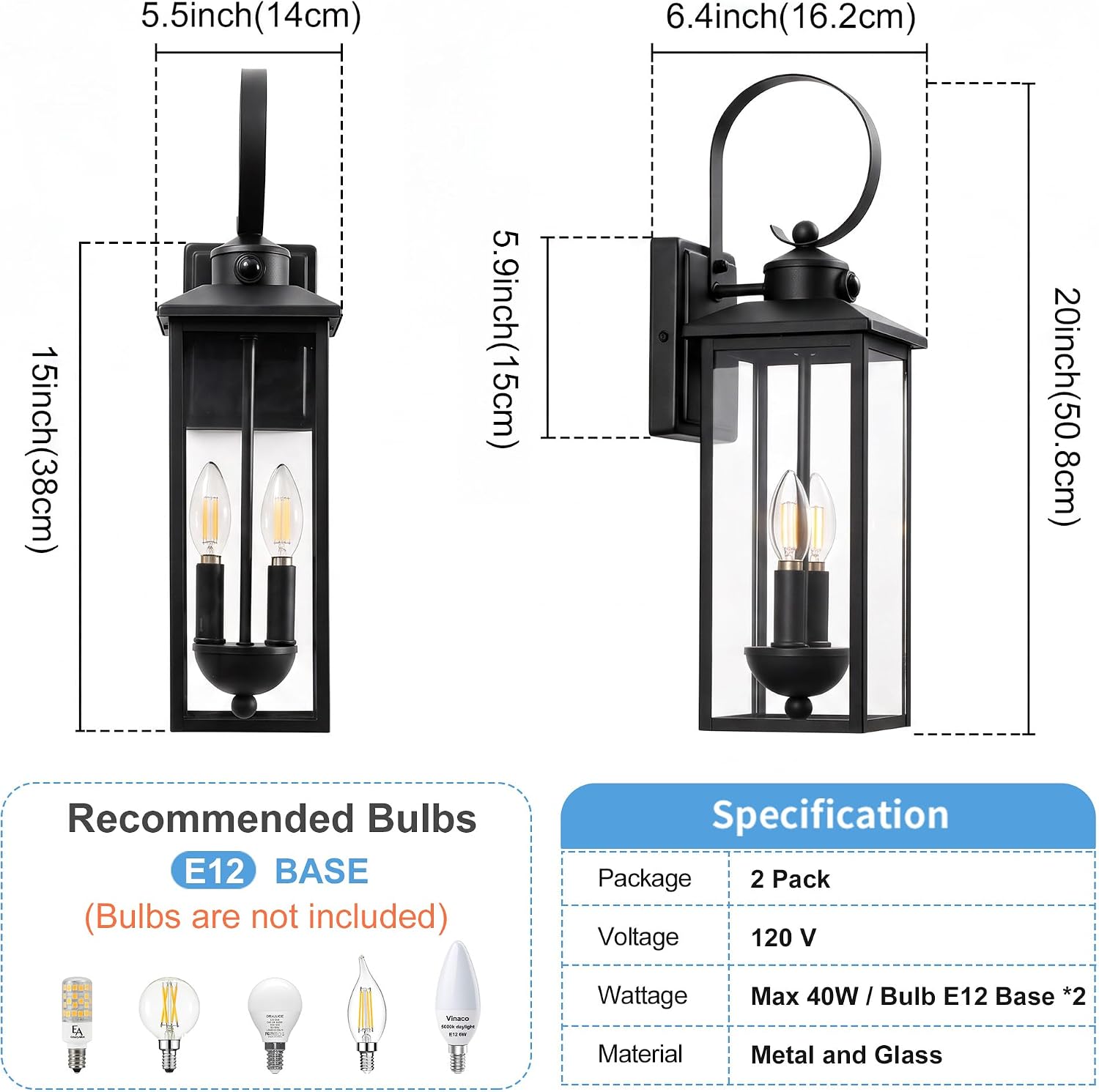 20" Dusk to Dawn Outdoor Wall Light, 2-Light Large Exterior Wall Sconce image 2