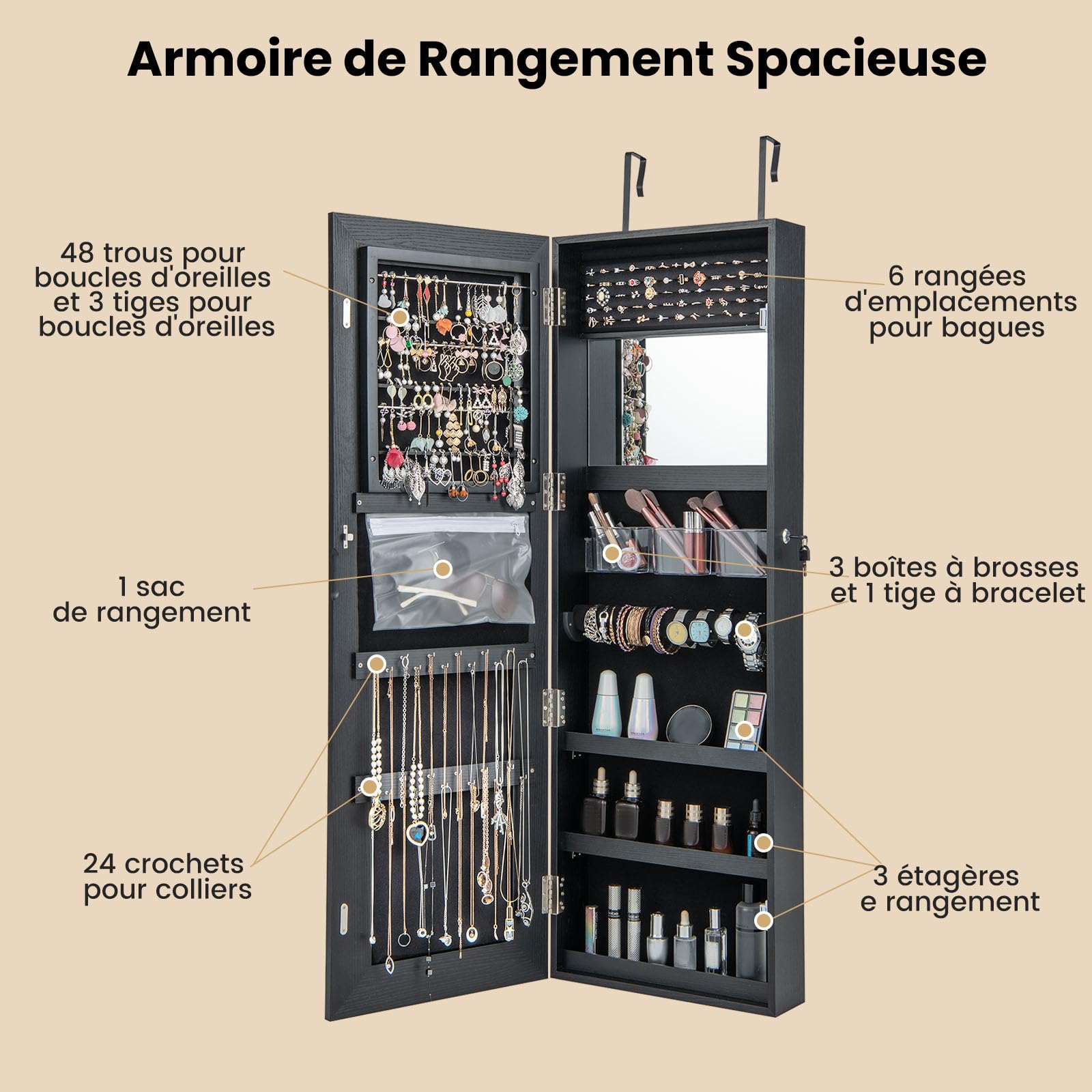 RELAX4LIFE Armoire à Bijoux Murale avec Miroir et Éclairage LED 3 Couleurs