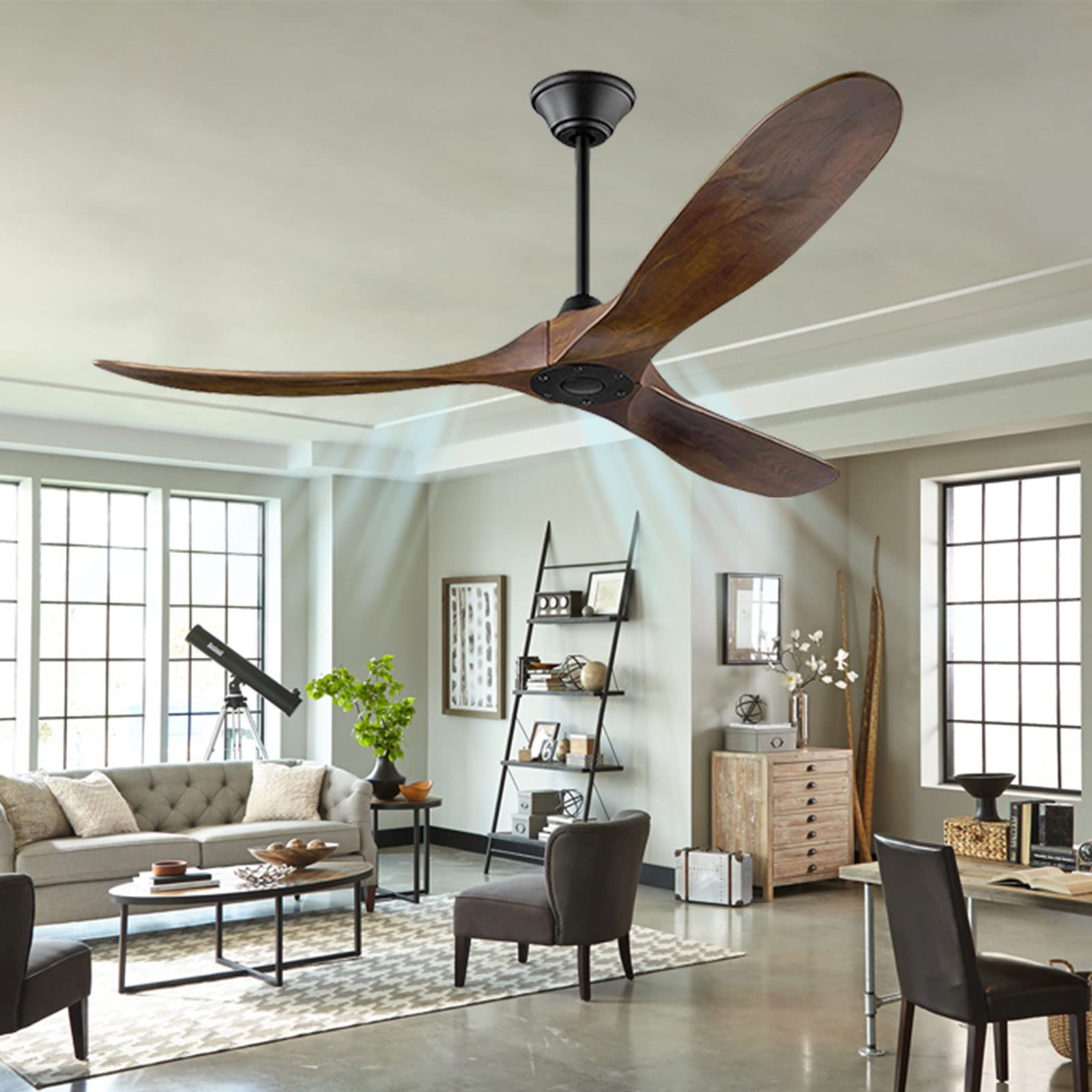 Deeptech60 Inch Ceiling Fan 3 Blade Outdoor Ceiling Fan, Solid Wood Ceiling Fans No Light with Remote Control, Retro Modern Ceiling Fan for Patios Indoor High/Low/Sloped Ceiling(Brown DC Fan)