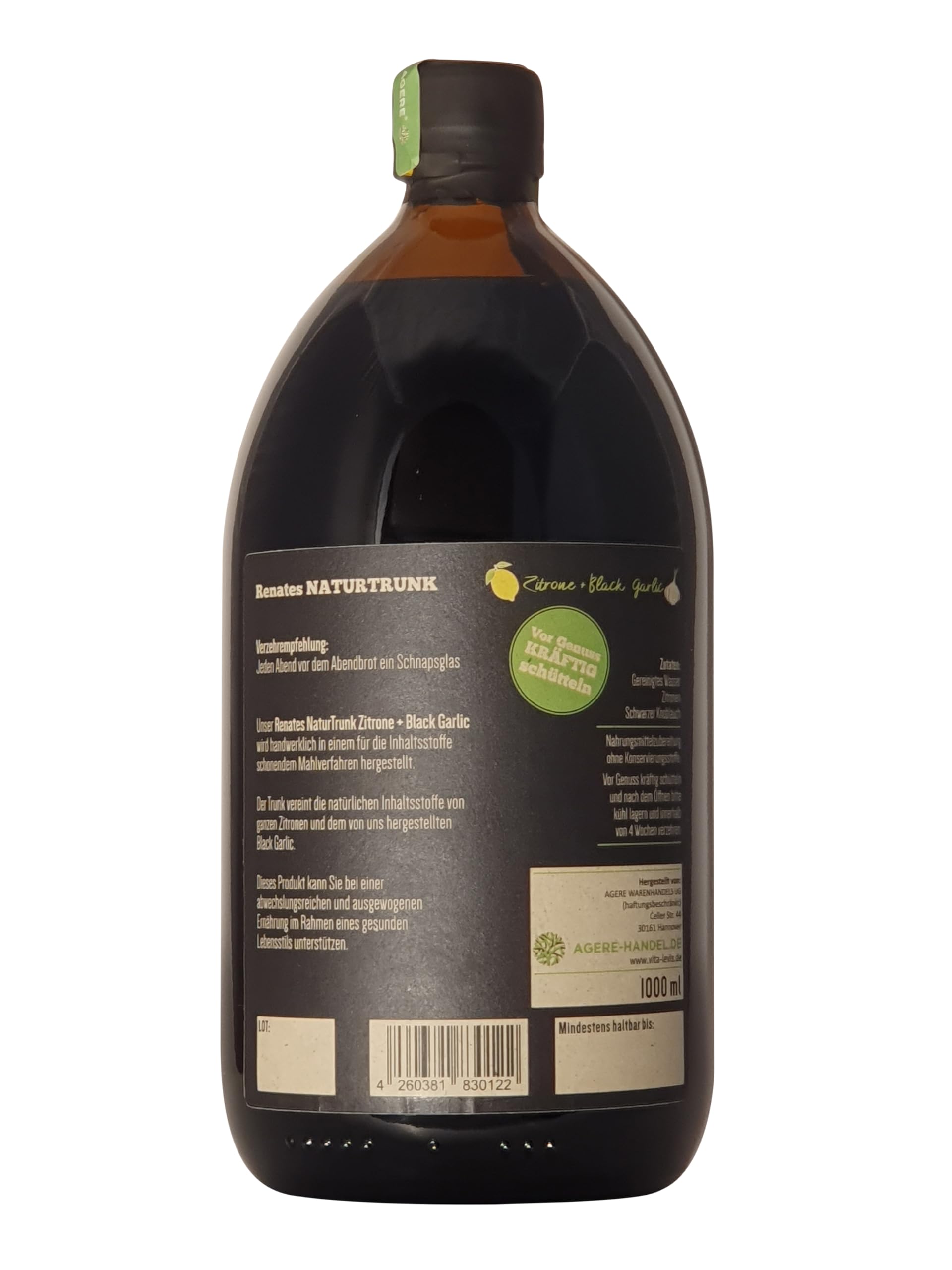 Jetzt 1 Liter! OHNE Konservierungsstoffe! Renates NaturTrunk N° 5 Zitrone + Black Garlic (schwarzer Knoblauch) 1 Liter Medizin-Glasflasche.