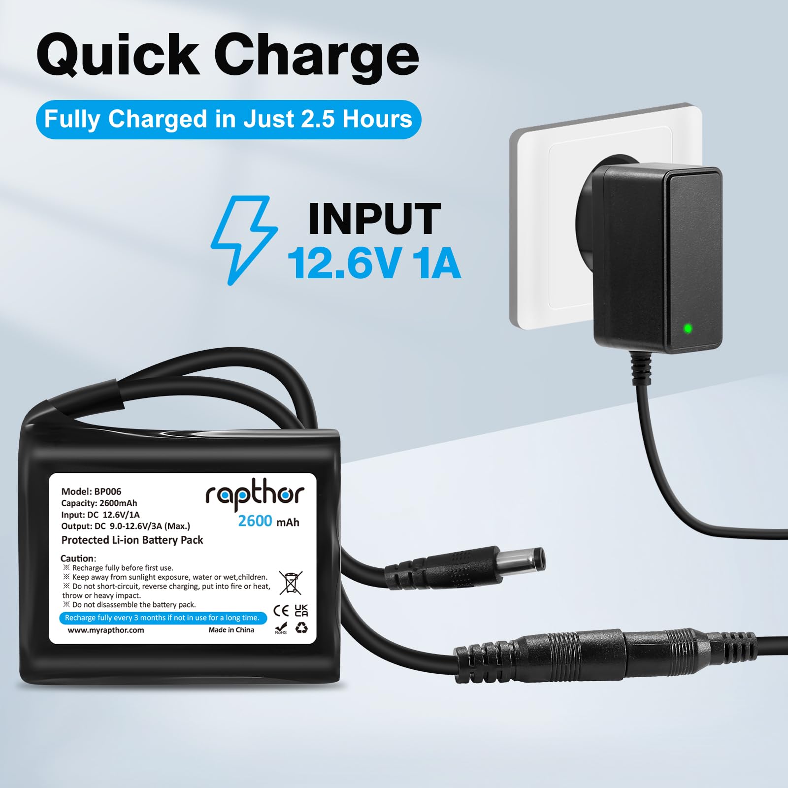 Rapthor Batterie Lithium-ION Rechargeable 12 V 2600 mAh avec Chargeur, Compatible avec Les appareils 12 V, Les projets de Bricolage, Les radios, Les Lampes de pêche, Les Bandes