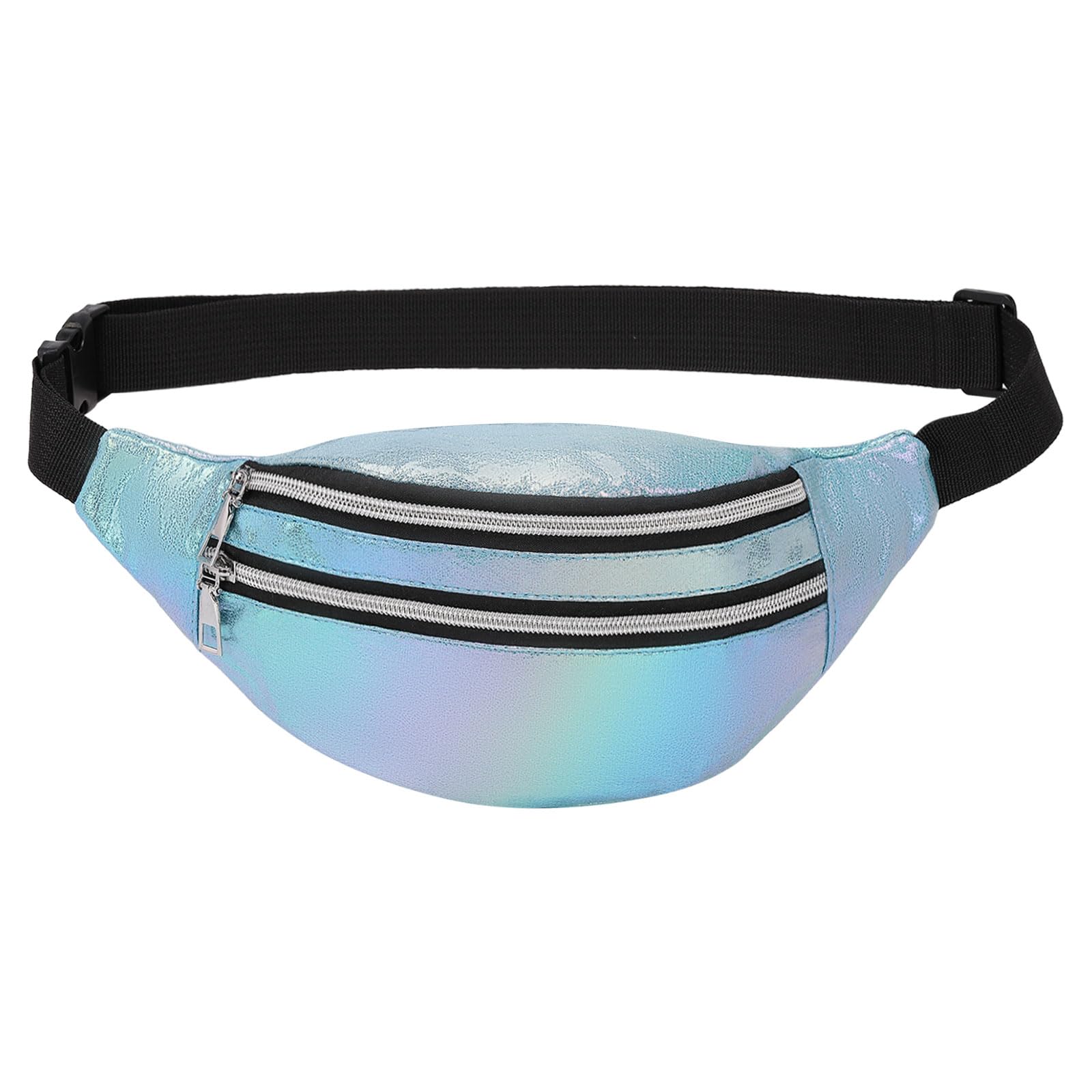 DTGN Holographic Fanny Pack for Women, Cute Waist Belt Bag, Crossbody Bag Water Resistant Fashion Small Bum Bag with Adjustable Belt for Running Hiking Shiny Light Blue