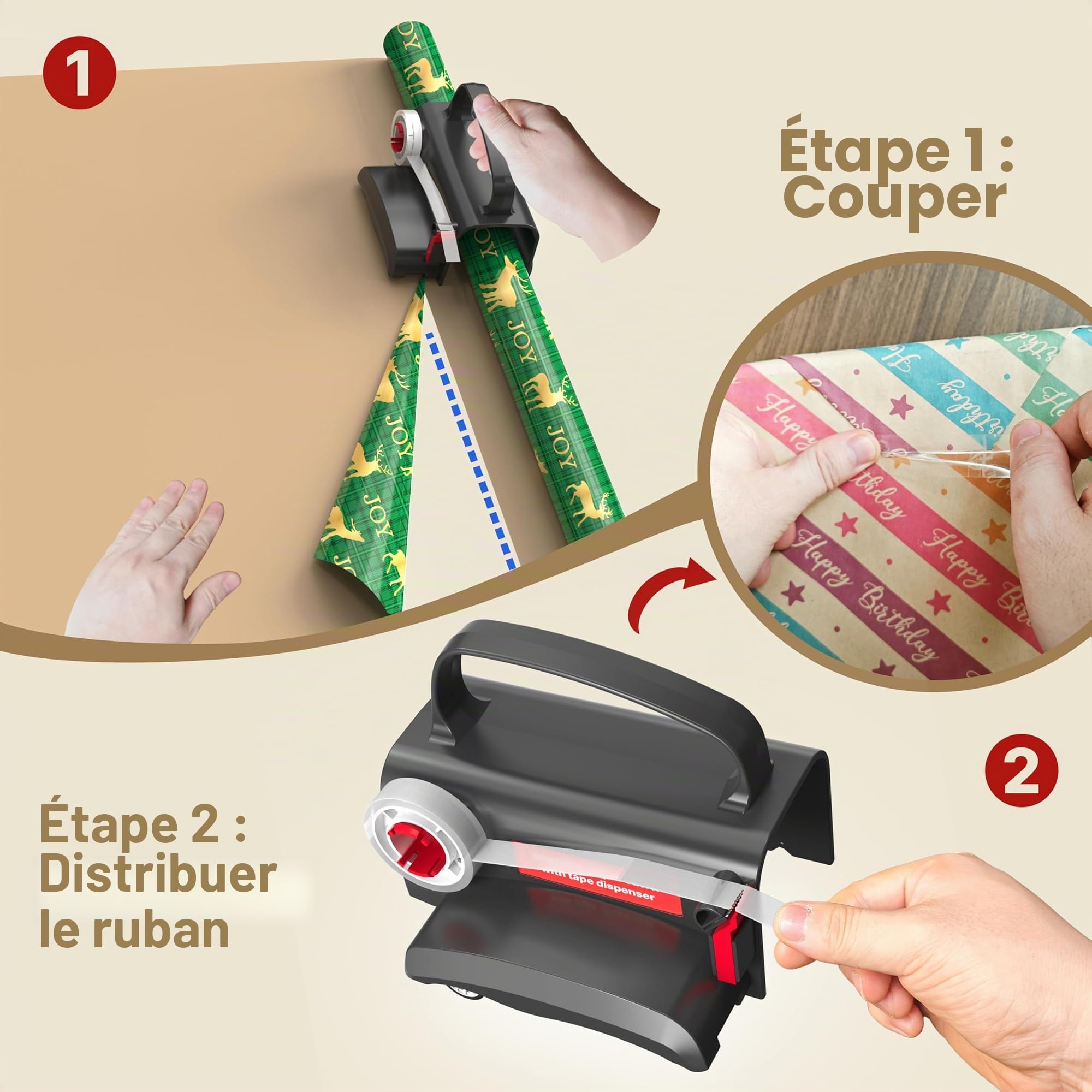 Coupe Papier Cadeau, Massicot Rouleau de Papier Cadeau de Noël avec roulettes, 2 Rouleau, 2 lames et 4 rubans adhésifs, Massicot Remplaçable, Pour le Papier Cadeau, Noël, Emballage Cadeau