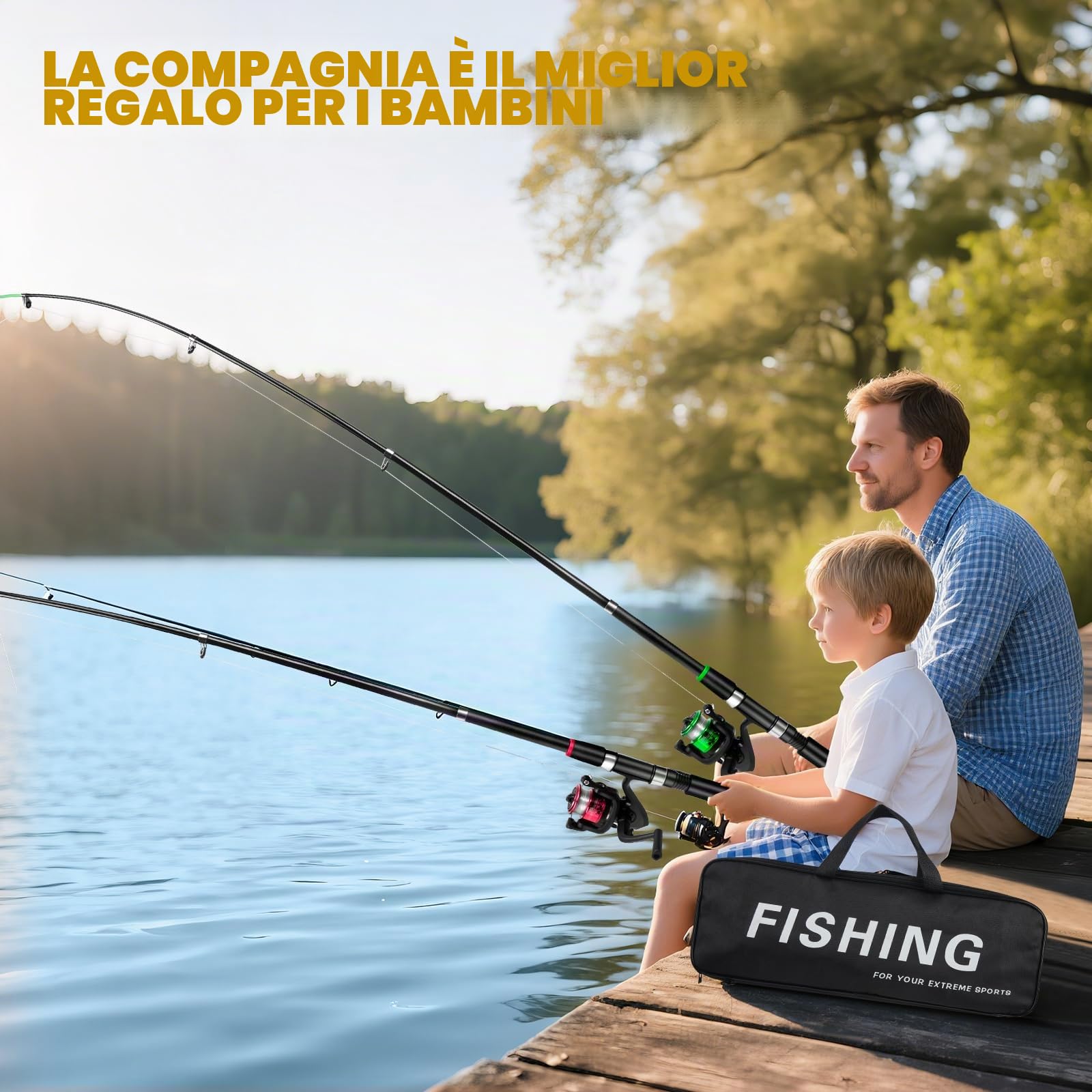 Set da pesca per bambini, 2 bobine telescopiche da pesca da 1,8 m, 3-10 anni, set di canne da pesca per bambini con mulinello ed esca, set di base per pesca per bambini, in fibra di carbonio, set