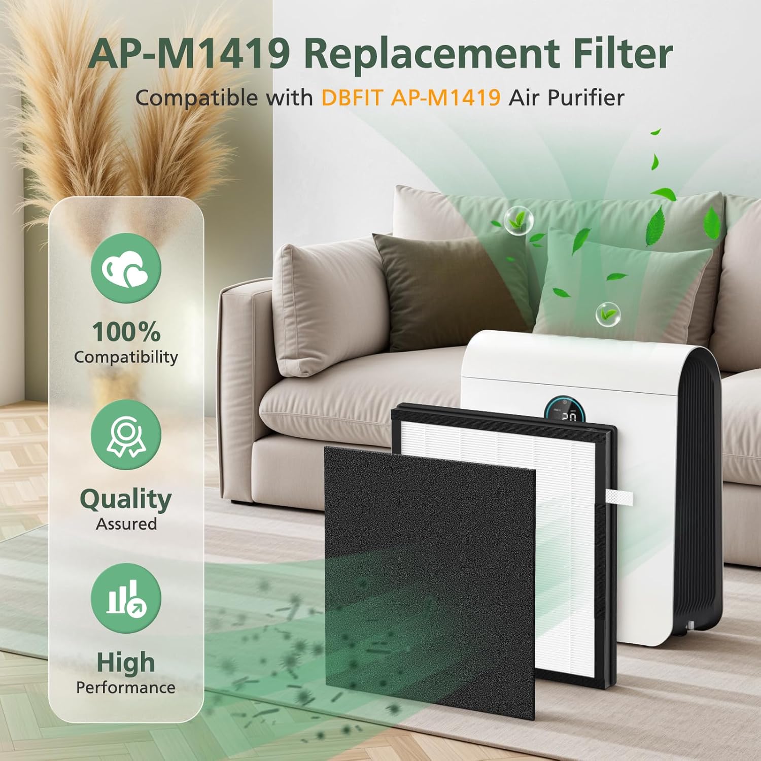 AP-M1419 Replacement Filter Compatible with DBFIT AP-M1419 Air Purifi-er, 2 Pack HEPA and Activated Carbon Filter + 4 Pack Pre-filter for Dust Pets Pollen Smoke, 2+4 Pack