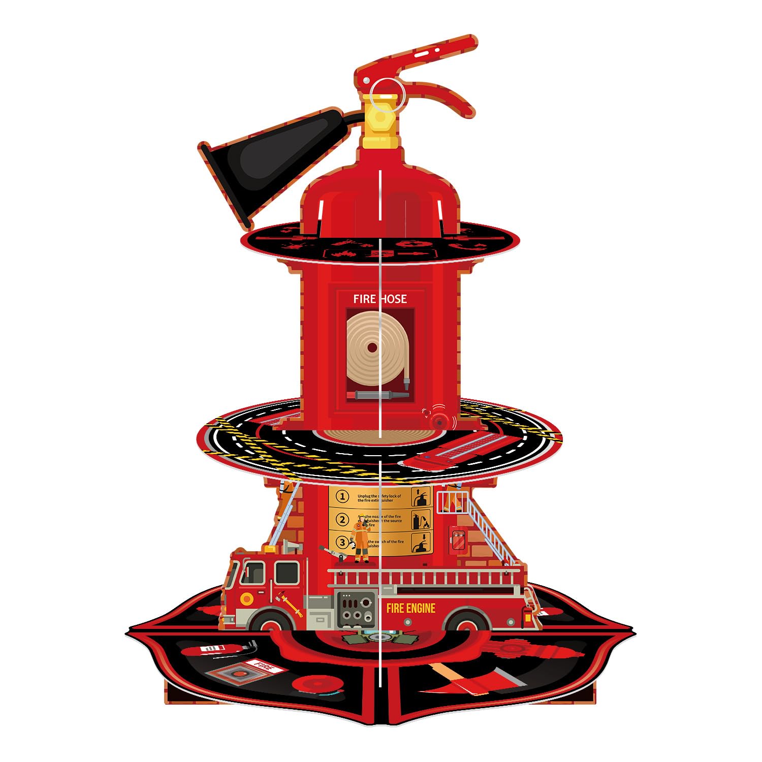 Supporto per torta a tre livelli, a forma di torre, a tema vigili del fuoco, decorazione per feste di compleanno, accessorio portatile, decorazione per feste di compleanno