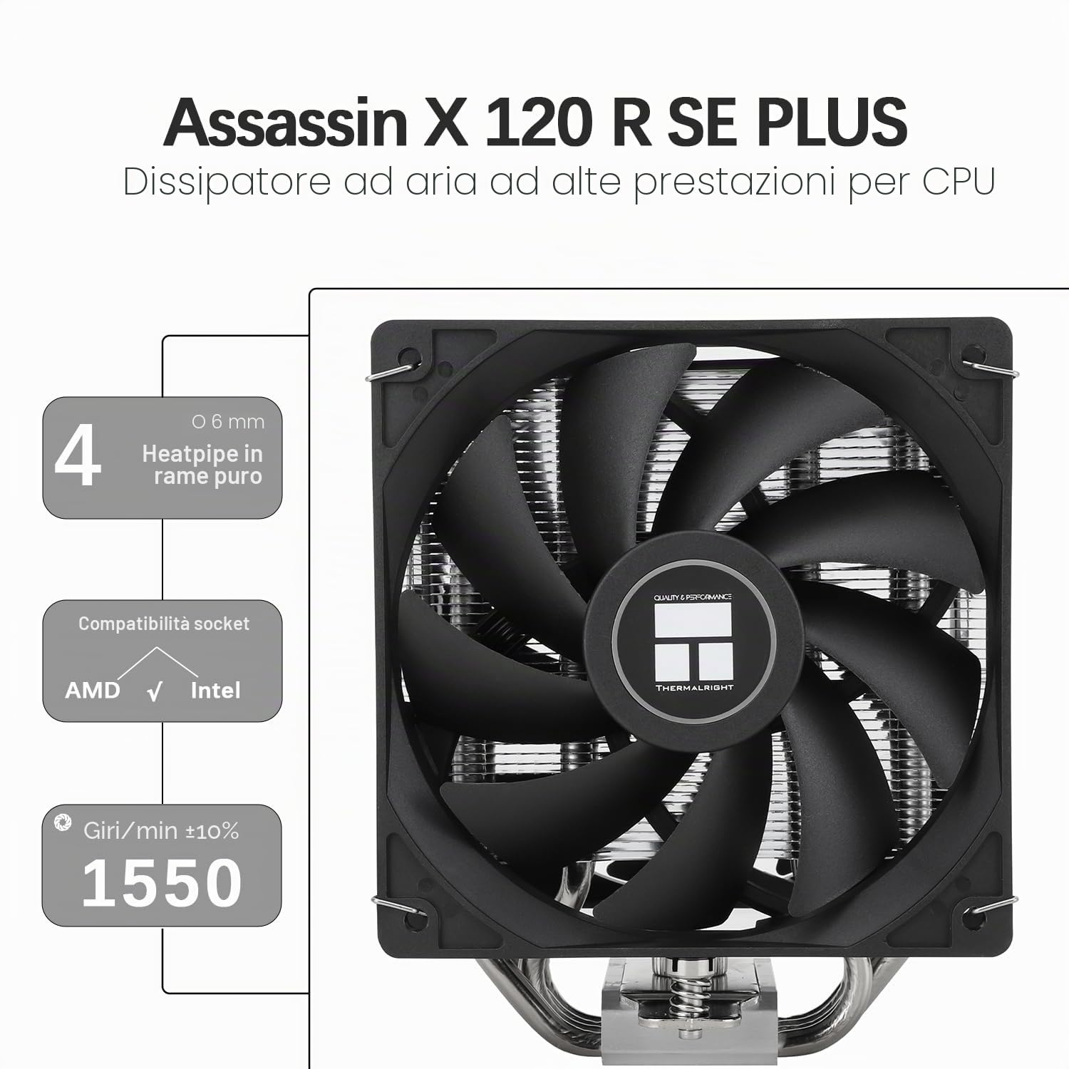 TR-Thermalright Assassin X 120R SE Plus Dissipatore CPU - 4 tubi di calore, doppie ventole silenziose da 120mm, per AMD AM4 AM5, Intel LGA1851/1700/115x/1200, dissipatore PC