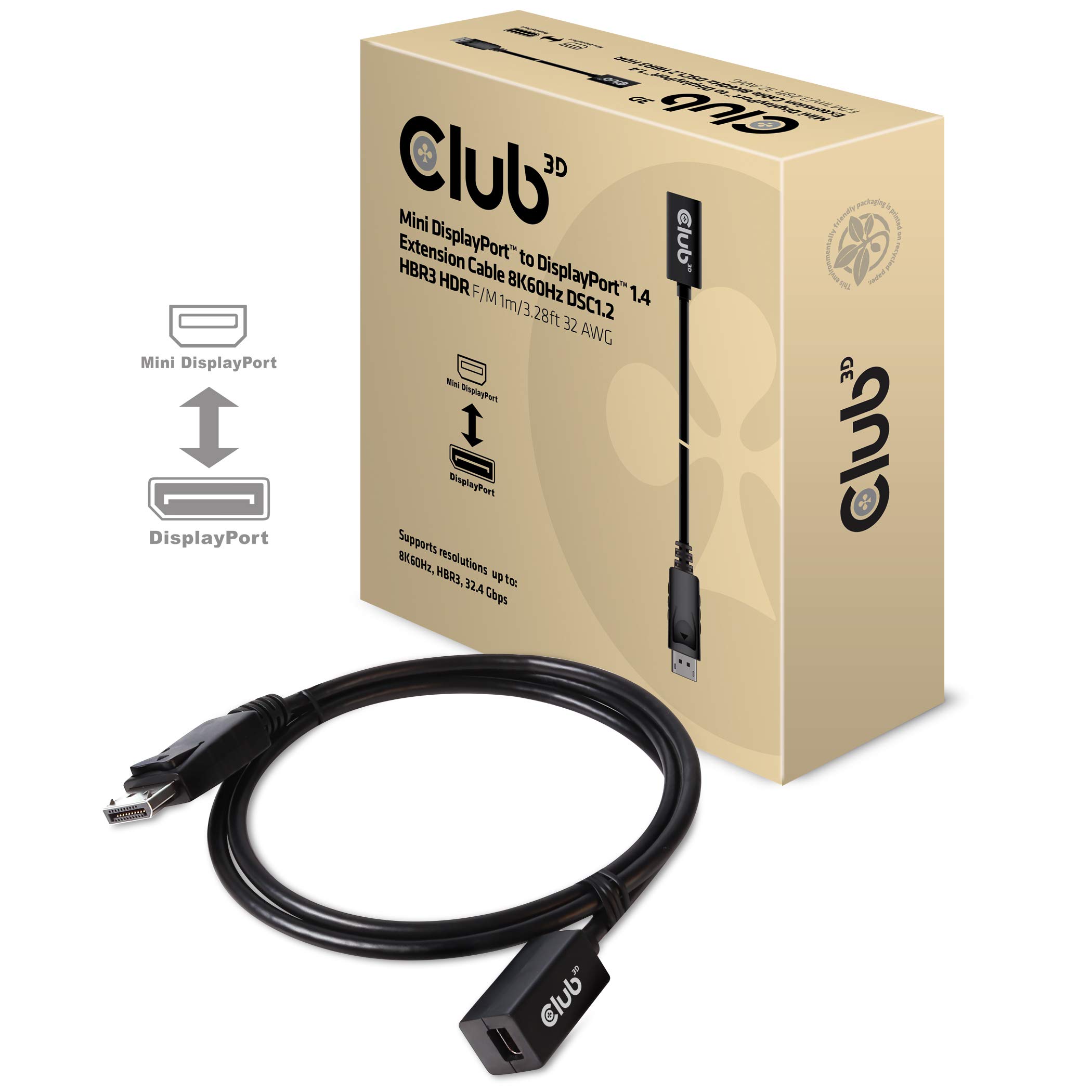 Club 3D CAC-1120 Mini DisplayPort to DisplayPort Bi-Directional 1.4/Hbr3 F/M Cable DP 1.4 8K 60Hz 1m - 3.28Ft