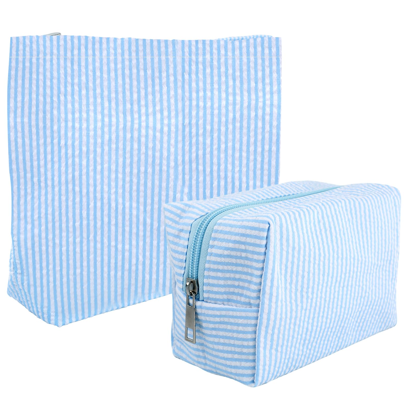 2 Pcs Makeup Bag Set, Blue Striped Cosmetic Pouch for Women Travel,Cute Toiletry Bag with Zipper Makeup Pouch Bag Aesthetic Cosmetic Purse Pouch Skincare Brushes Storage Organizer(Light Blue)