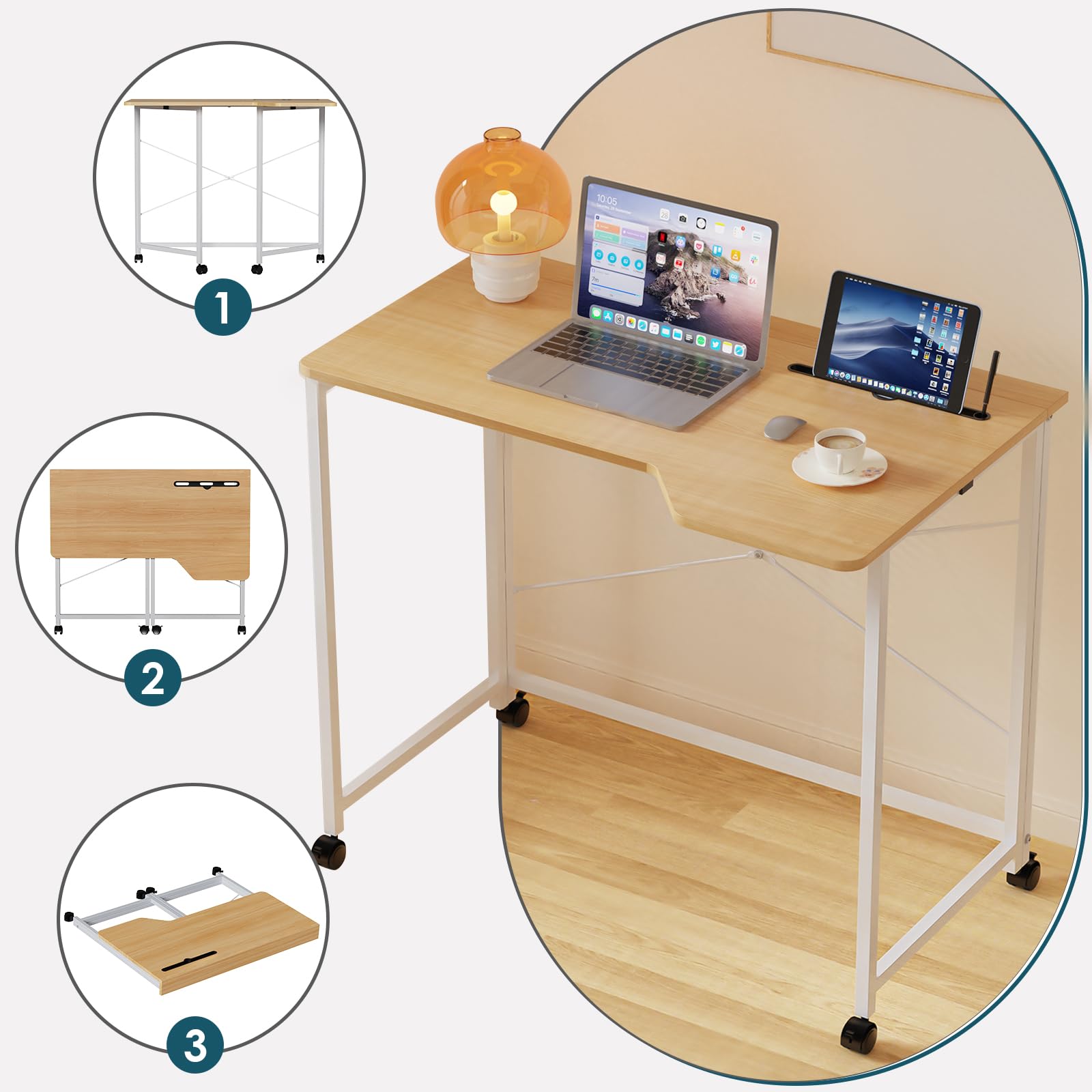 Mesa Escritorio Plegable, Roble Mesa de Oficina Plegable, para Ordenador, Pequeño Mesa Ordenador Plegable Escritorios portátiles para Estudio, Casa Oficina 90x56x75cm
