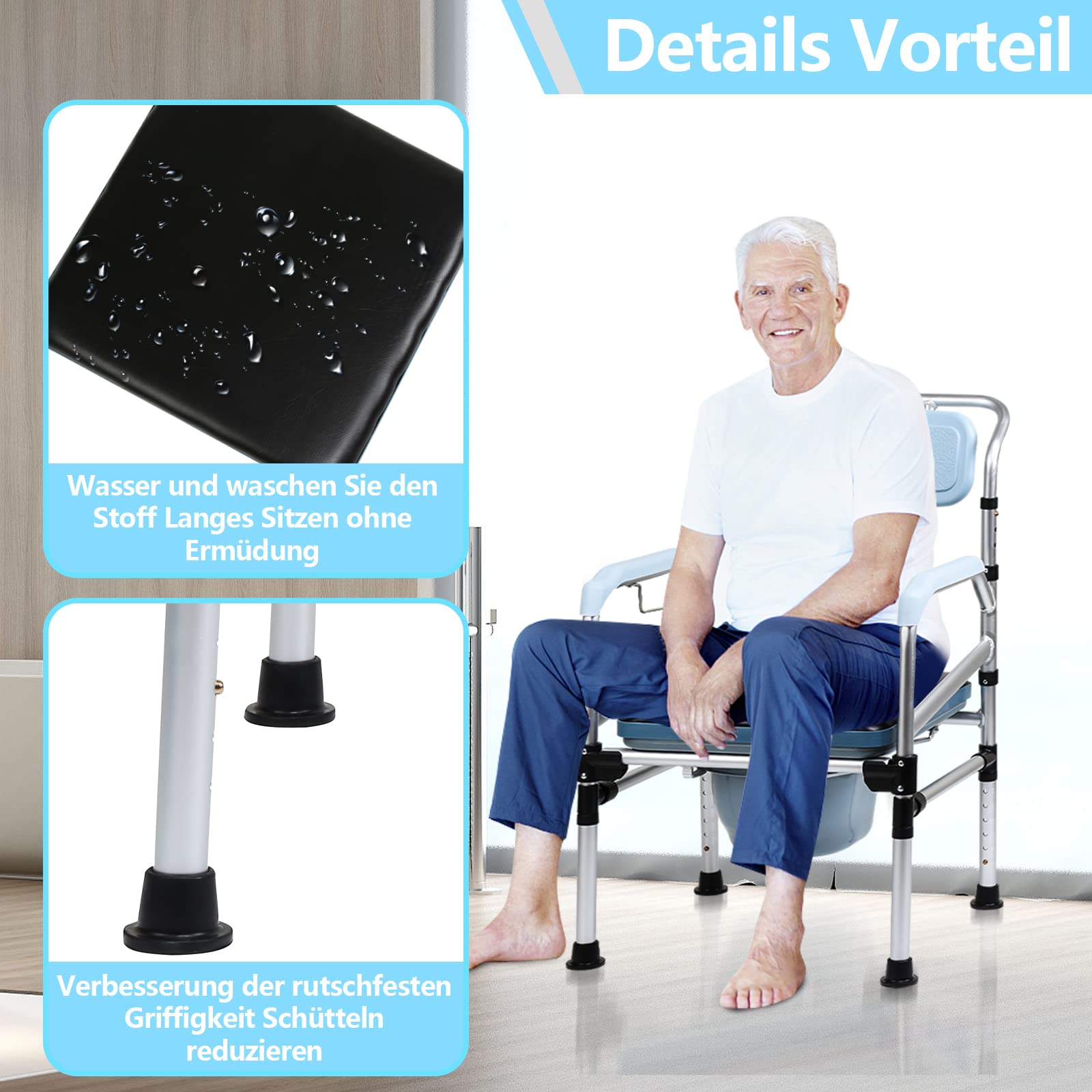 Sedia per WC per senior, portatile, regolabile in altezza, 42-54 cm, con seduta imbottita e secchio per WC, antiscivolo per camera da letto e bagno