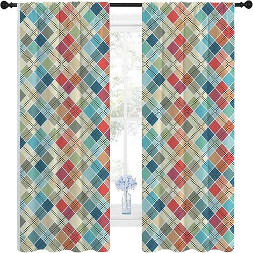 WHYATT Cortinas coloridas para cocina, decoración de mosaico, retro, geométrica, mini cortina opaca para puerta corrediza, 72 pulgadas de ancho por