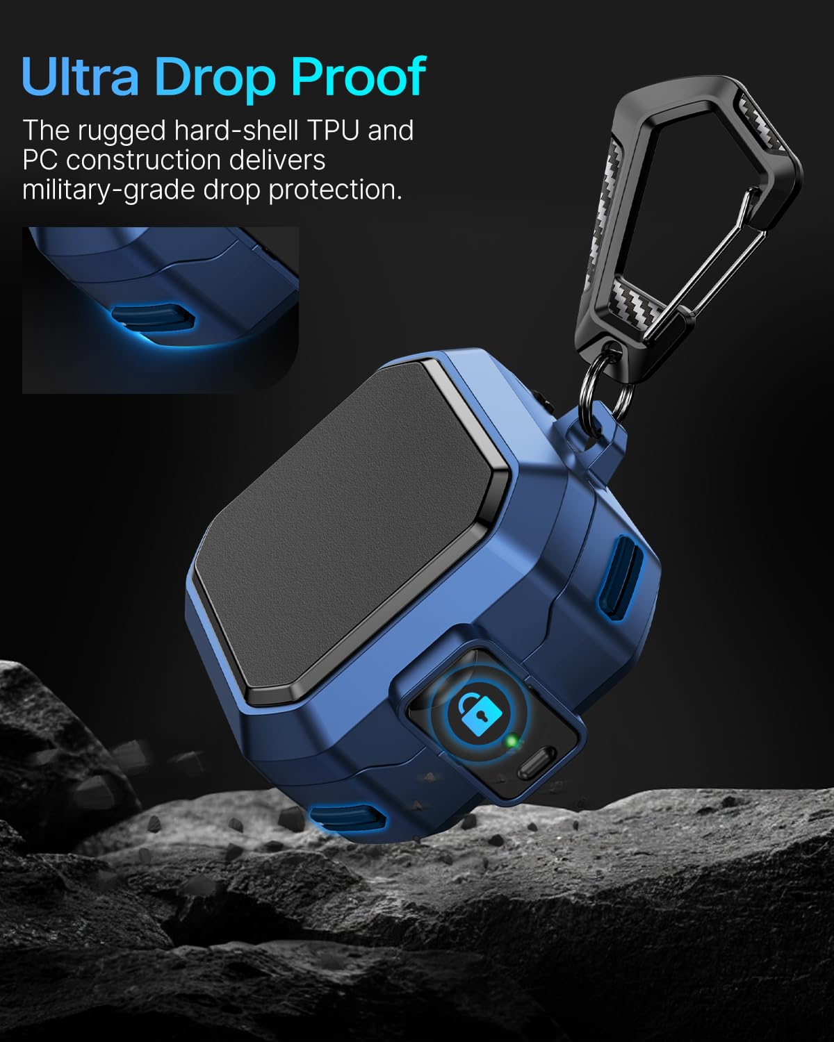 Kompatybilne z Samsung Galaxy Buds 4/4 Pro (2026) Etui, obudowa z zamkiem bezpieczeństwa w designie z włókna węglowego, zestaw do czyszczenia i zaczep karabińczyk dla Galaxy Buds 4 Pro-Niebieski