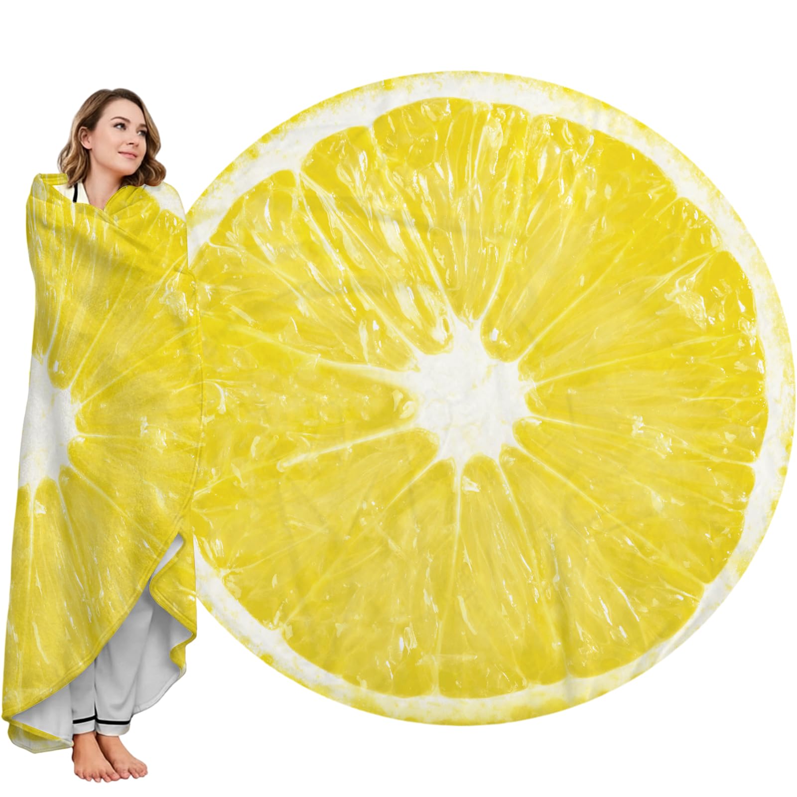 Qucarder Realistic Fruit Lemon Blanket Funny Realistic Food Novelty Blanket For Adult And Kids Yellow Round Flannel Blankets For Bed Couch Travel 120 Cm